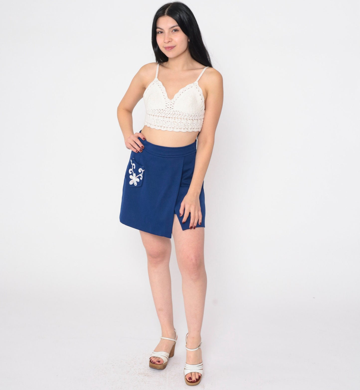 70s Navy Skort Floral Embroidered High Waisted Mini A Line Small S