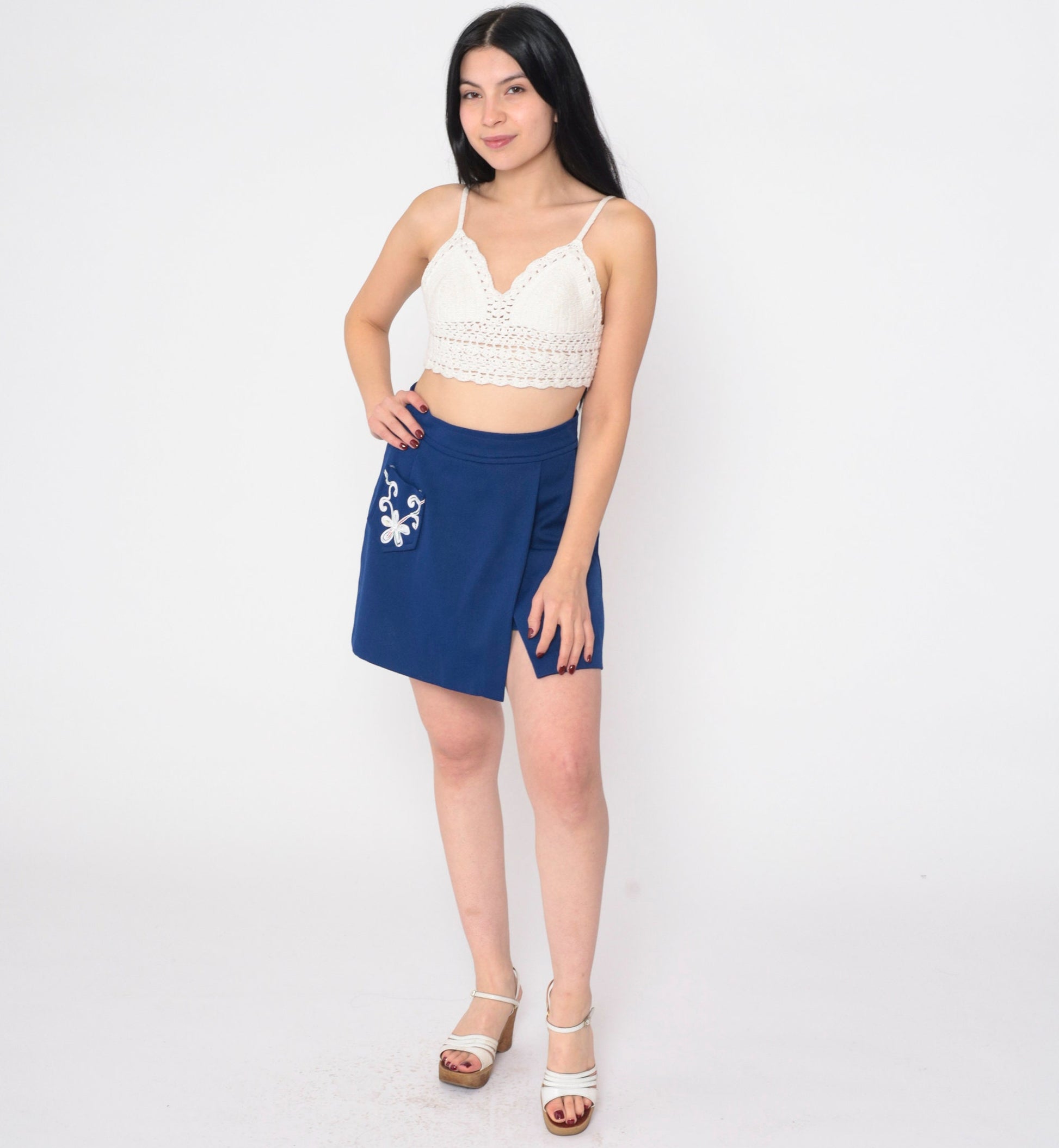 70s Navy Skort Floral Embroidered High Waisted Mini A Line Small S