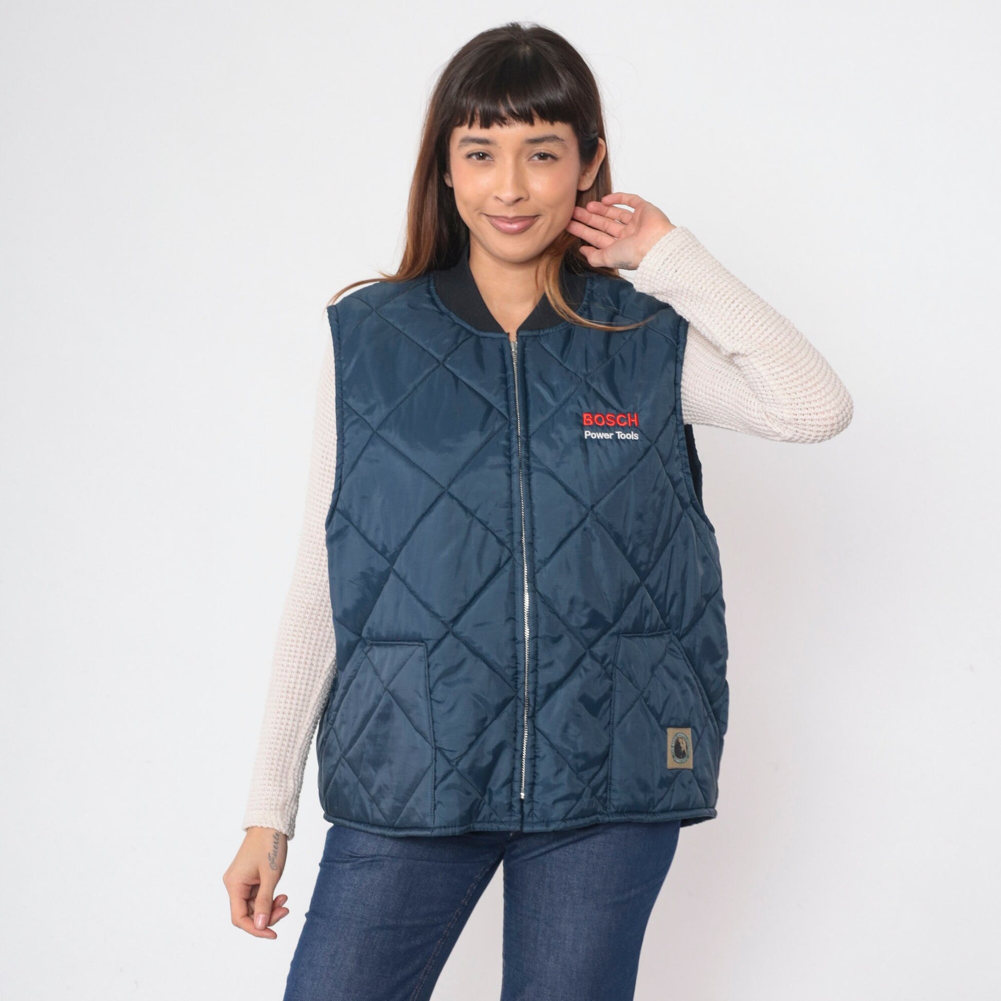 90s Berne Bosch Power Tools Quilted Puffer Vest Dark Blue Extra Large XXL