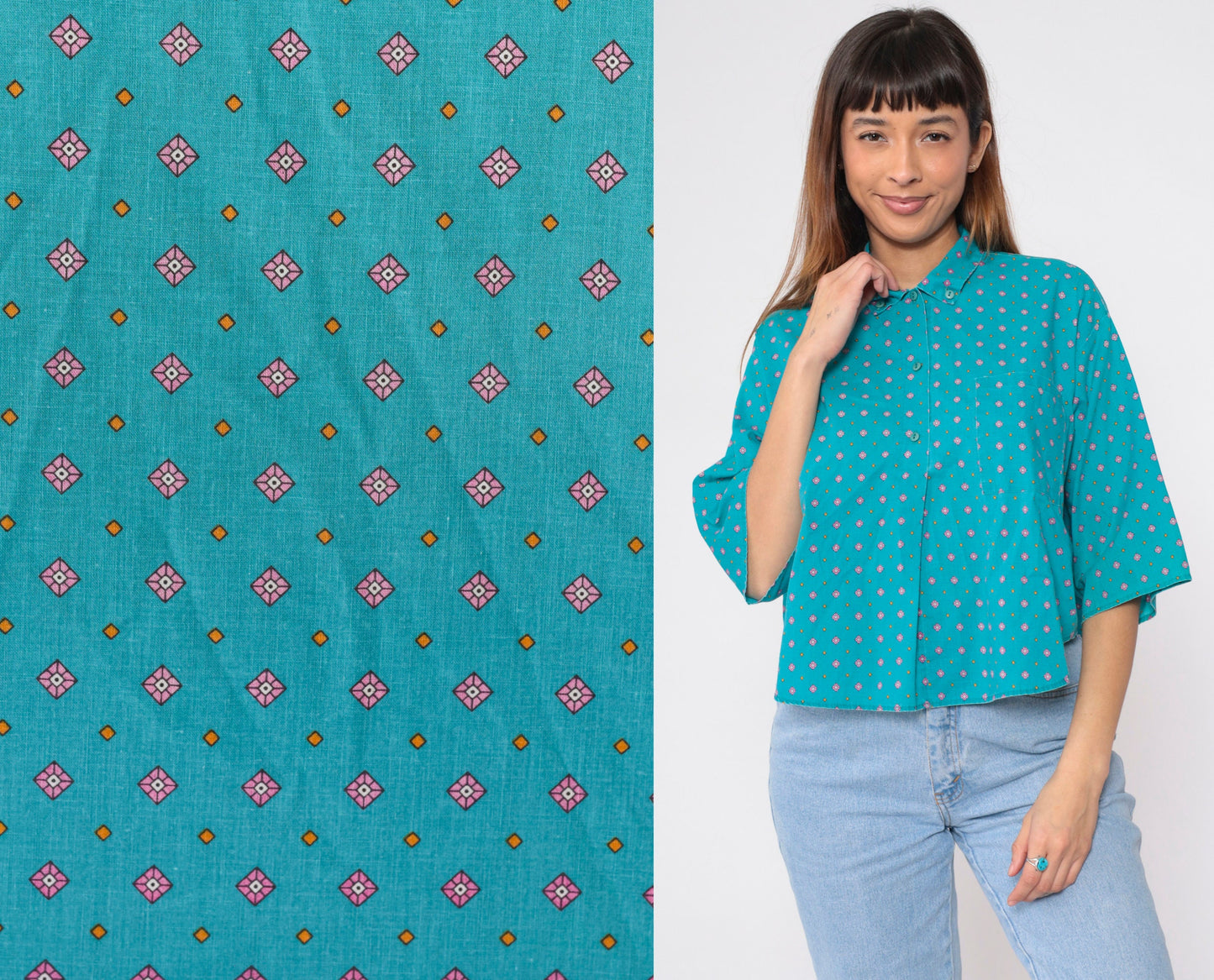 90s Geometric Floral Button-Up Blouse Turquoise Diamond Print Half Sleeve Large L