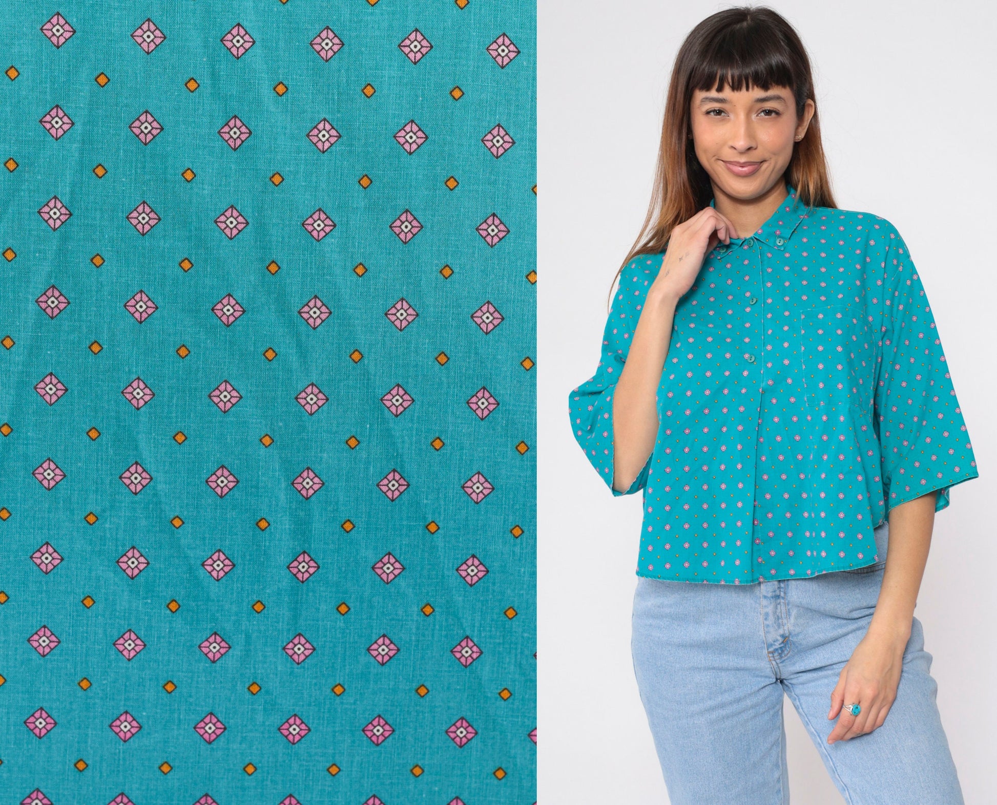 90s Geometric Floral Button-Up Blouse Turquoise Diamond Print Half Sleeve Large L