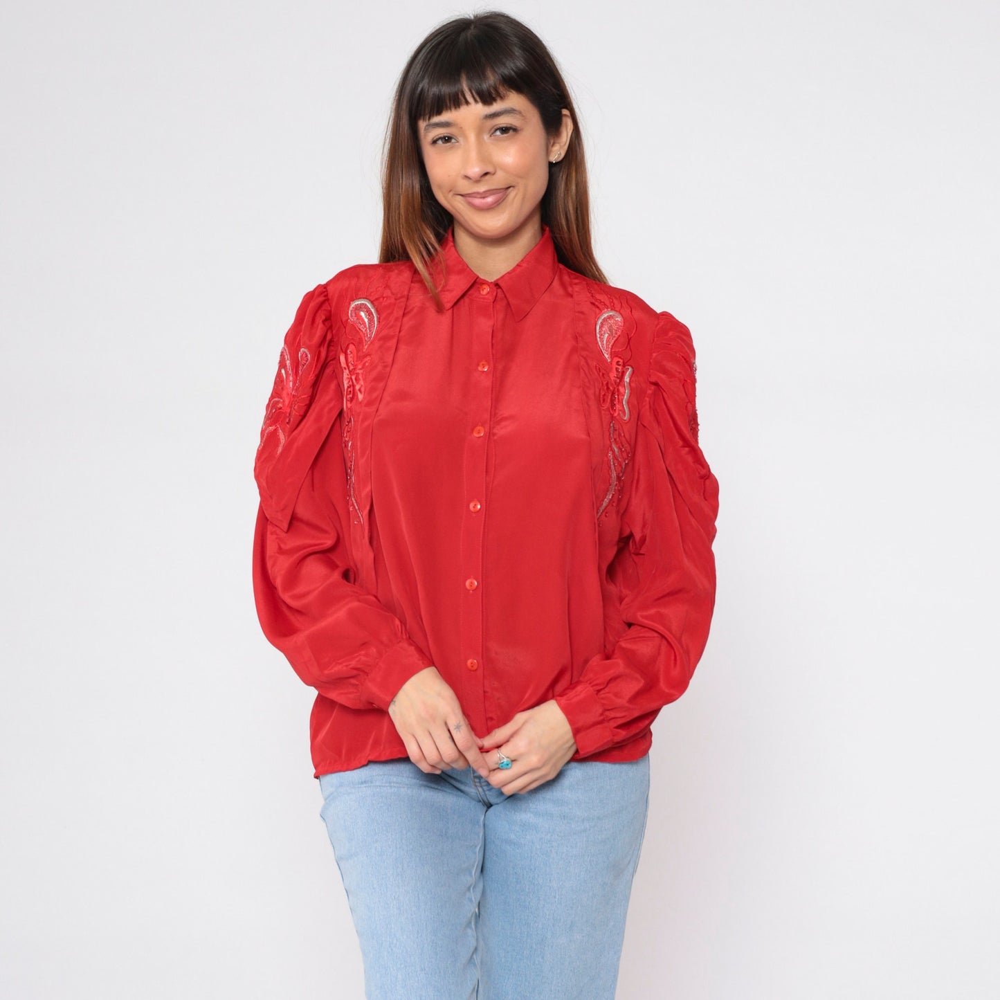 90s Red Sequin Embroidered Button-Up Blouse Puff Sleeve Large L