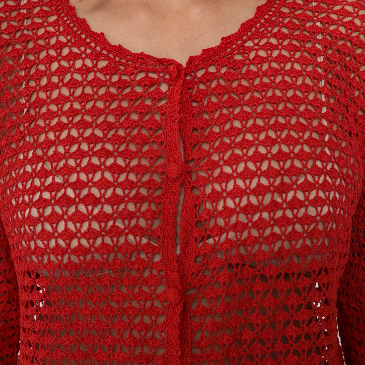 90s Red Crochet Cardigan Floral Cutout Button-Up Sweater Large L