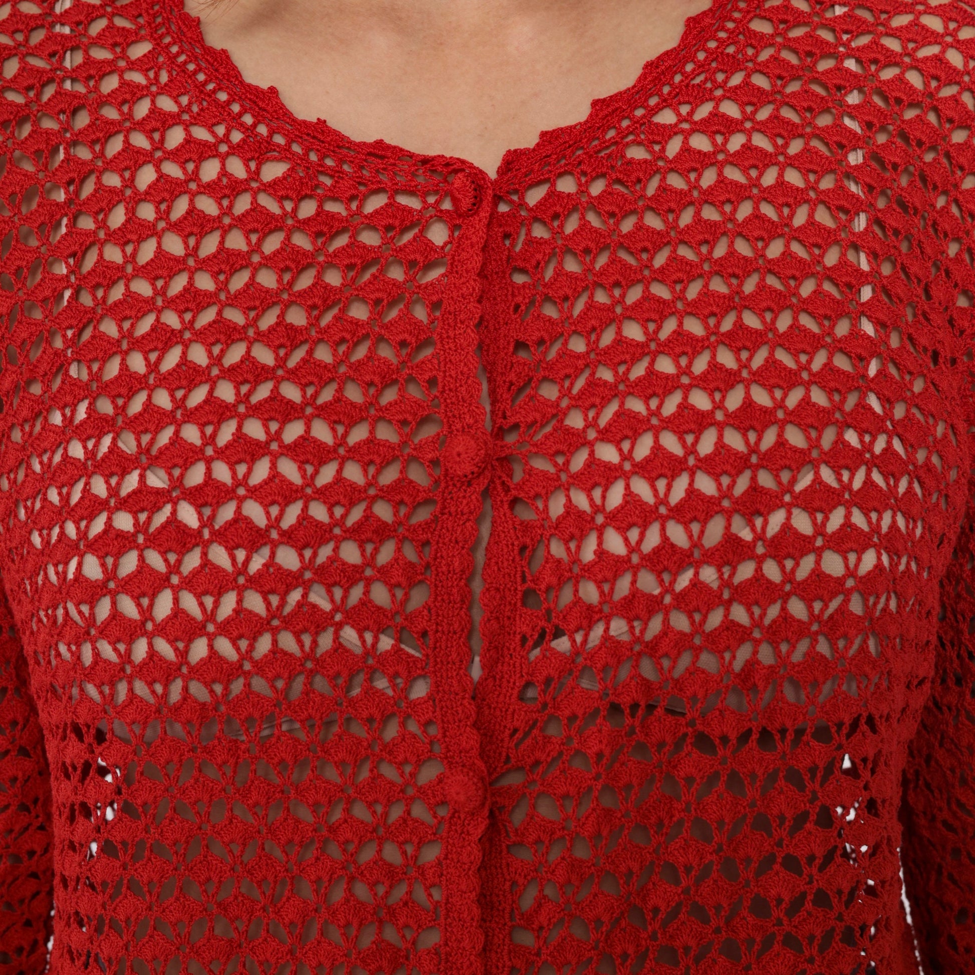 90s Red Crochet Cardigan Floral Cutout Button-Up Sweater Large L