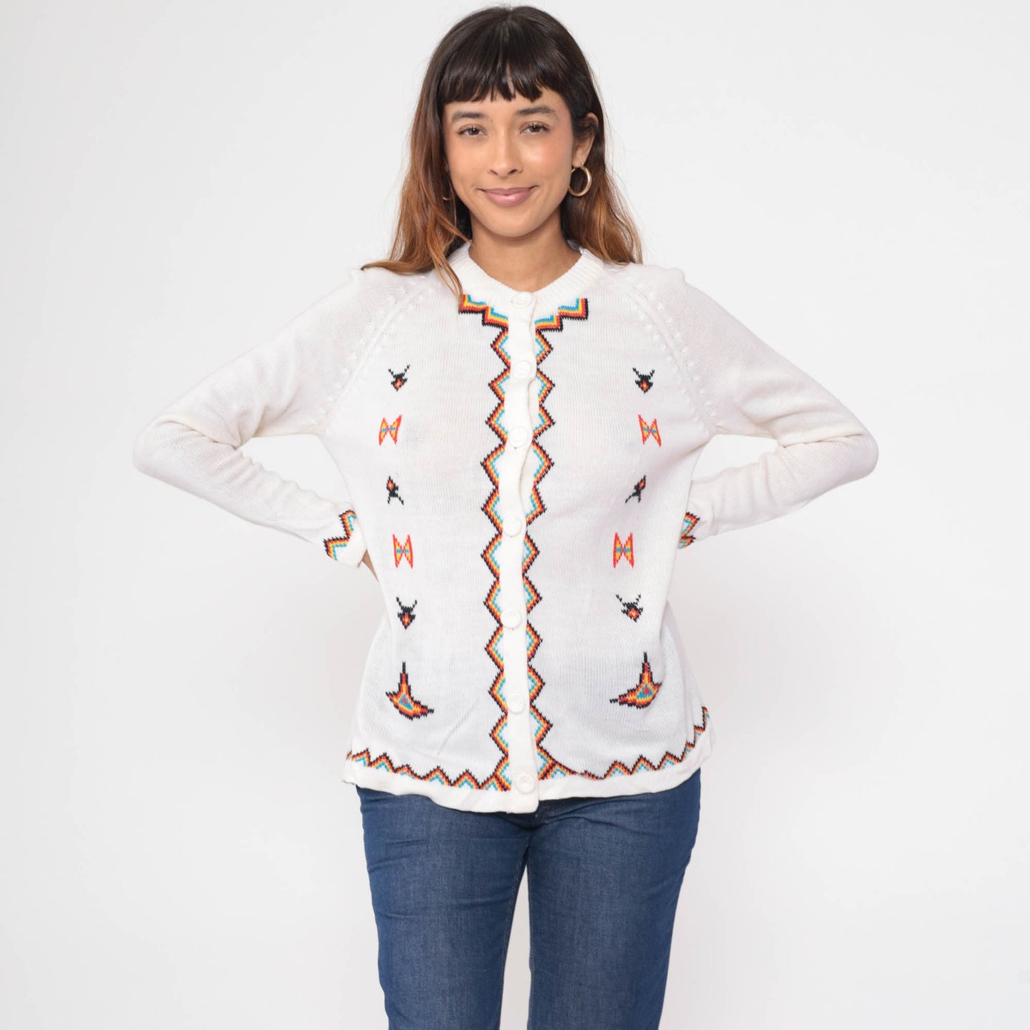 60s White Geometric Zig Zag Cardigan Raglan Sleeve Knit Small