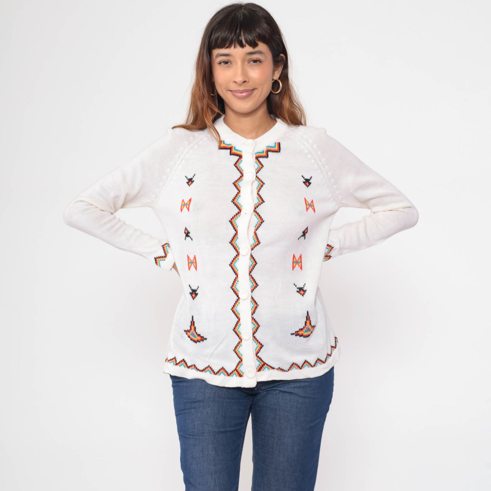 60s White Geometric Zig Zag Cardigan Raglan Sleeve Knit Small