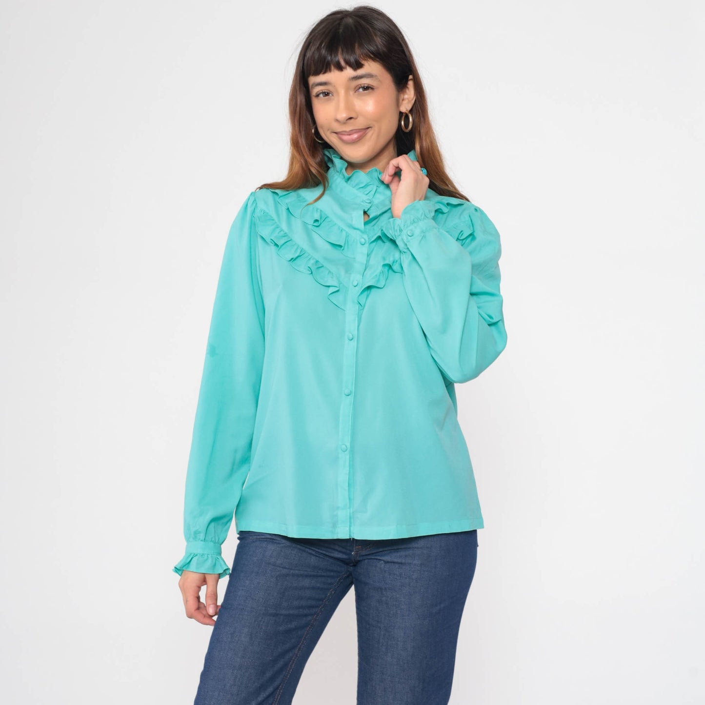 70s Pykettes Turquoise Puff Sleeve Button-Up Blouse Ruffled High Neck Medium