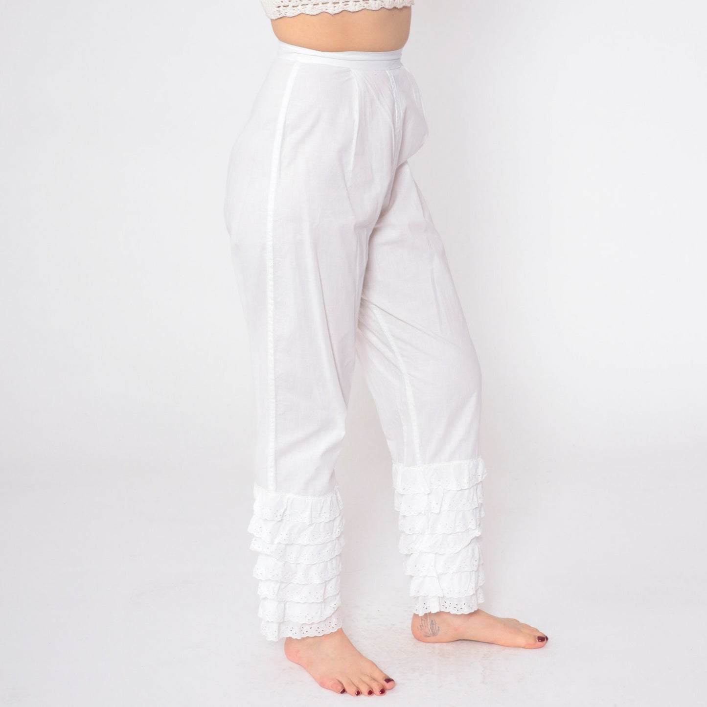 60s White Eyelet Ruffled Pantaloons High Waist Cotton Petti Pants Extra Small