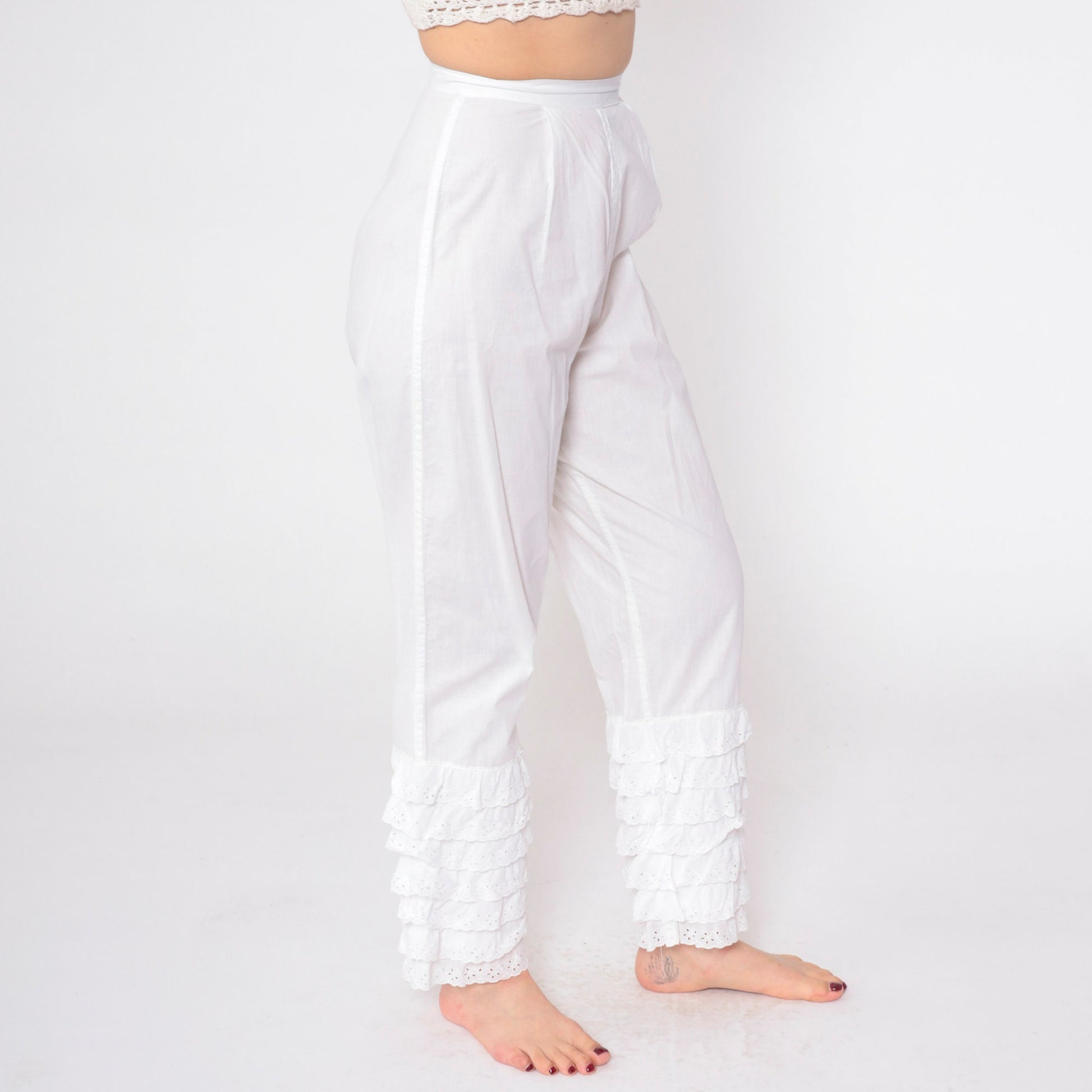 60s White Eyelet Ruffled Pantaloons High Waist Cotton Petti Pants Extra Small