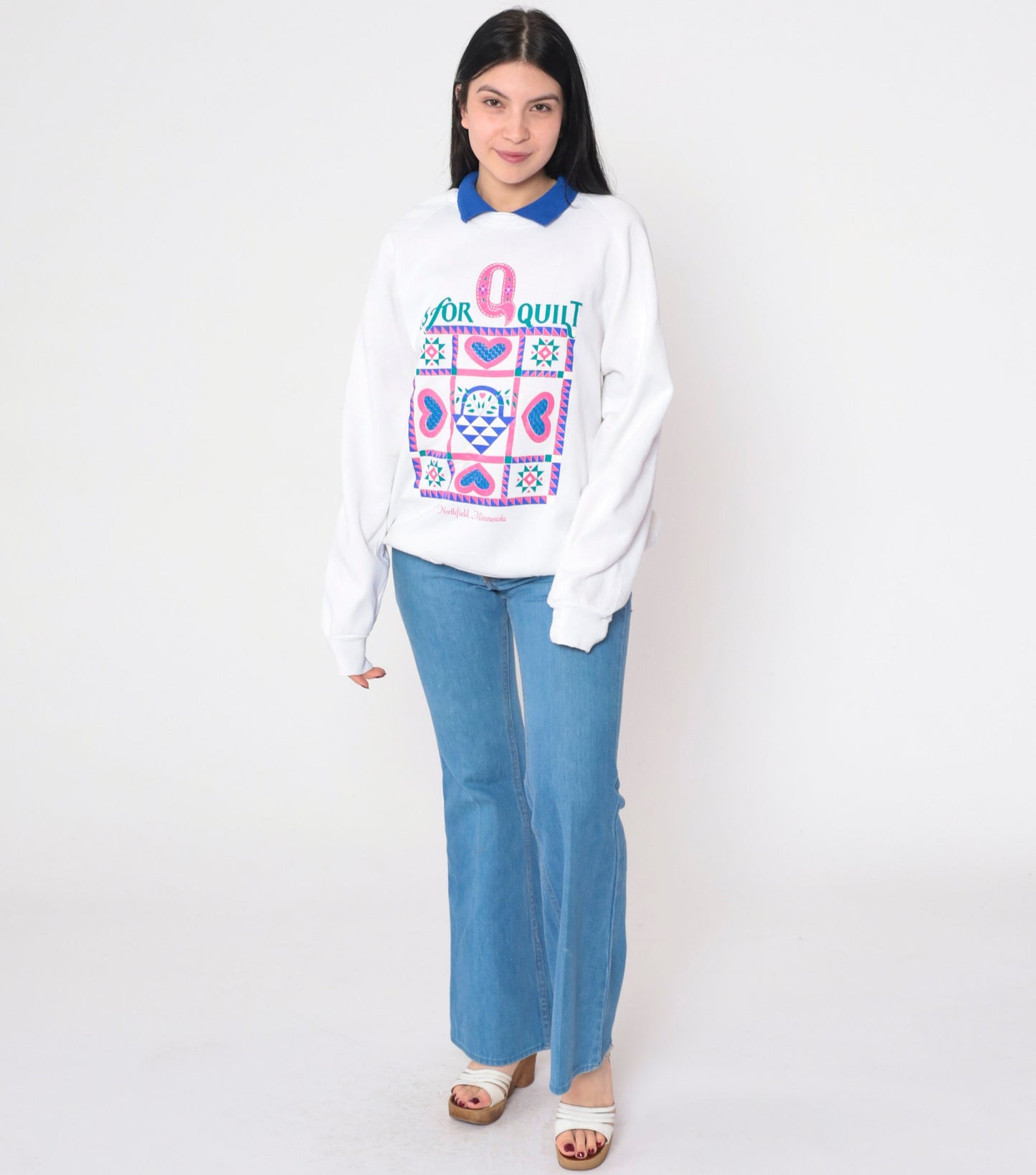 90s Q is for Quilt Northfield Minnesota Raglan Sweatshirt White Collared Extra Large XL