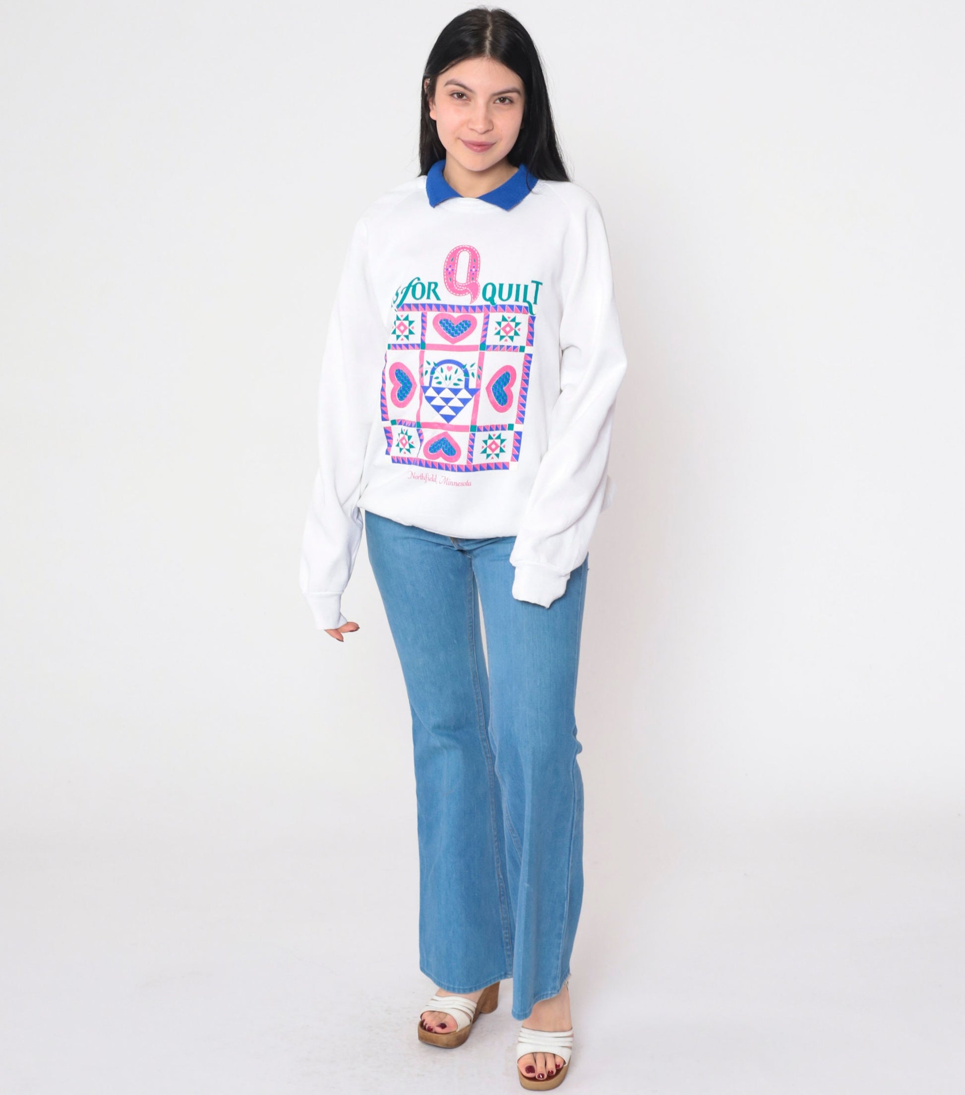 90s Q is for Quilt Northfield Minnesota Raglan Sweatshirt White Collared Extra Large XL