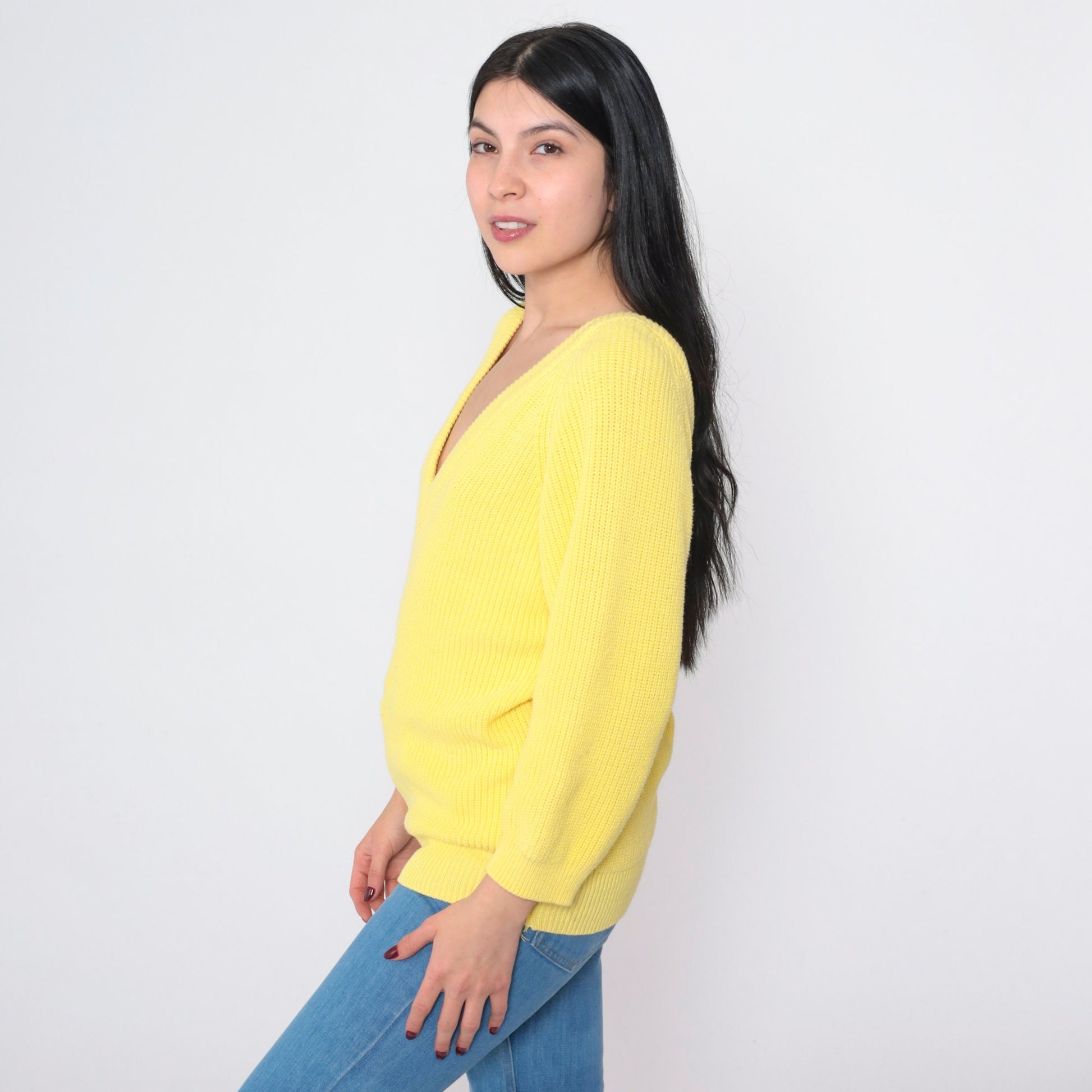 80s Yellow Cotton V-Neck Pullover Sweater Small S