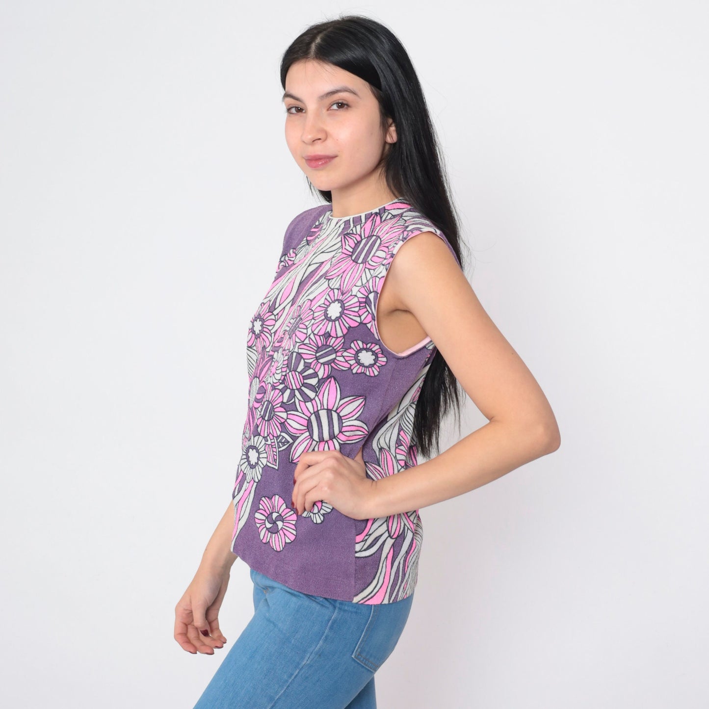 70s Purple Floral Tank Top Mod Flower Print Sleeveless Blouse Medium