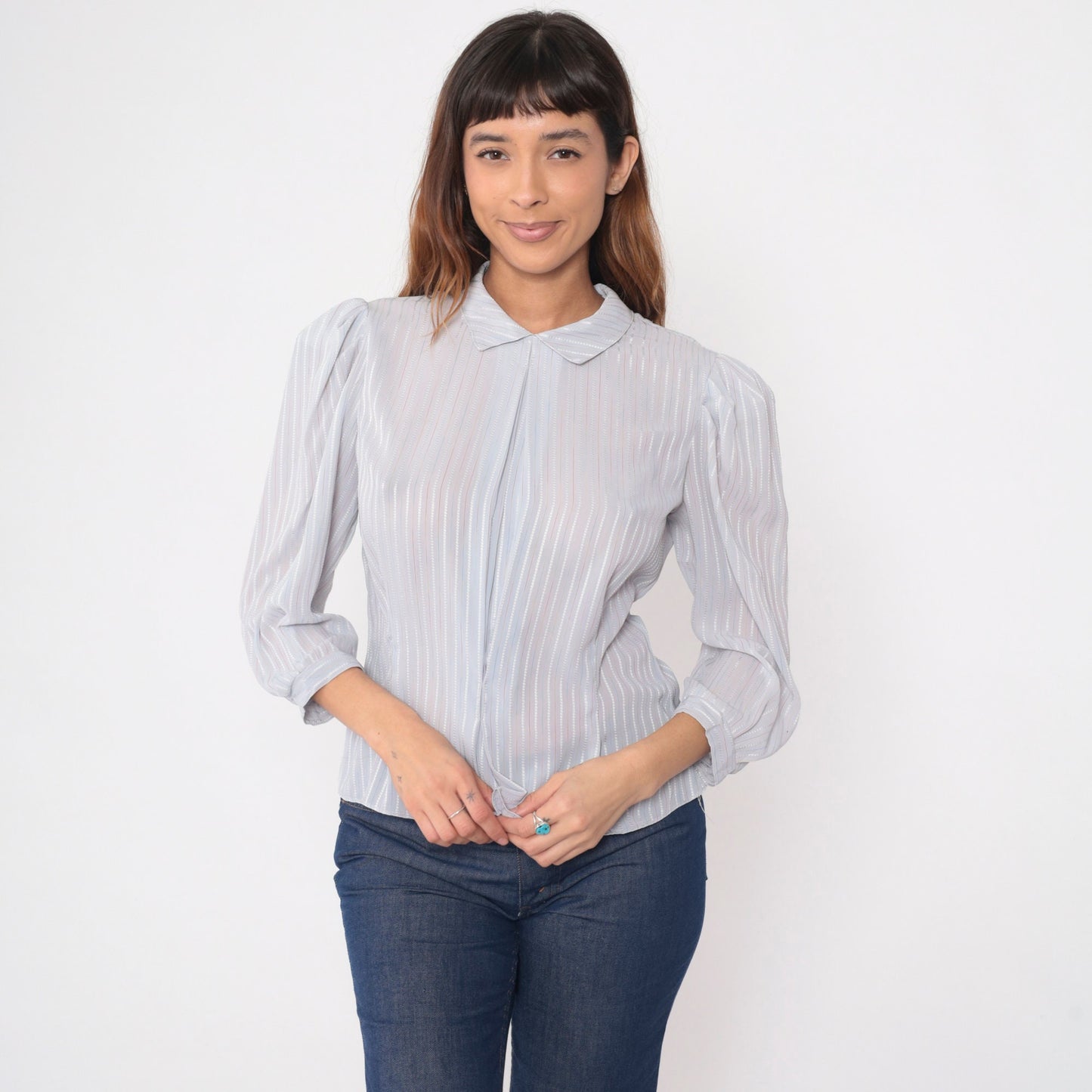 80s Pure Class Grey Pinstriped Puff Sleeve Blouse Button Back Medium