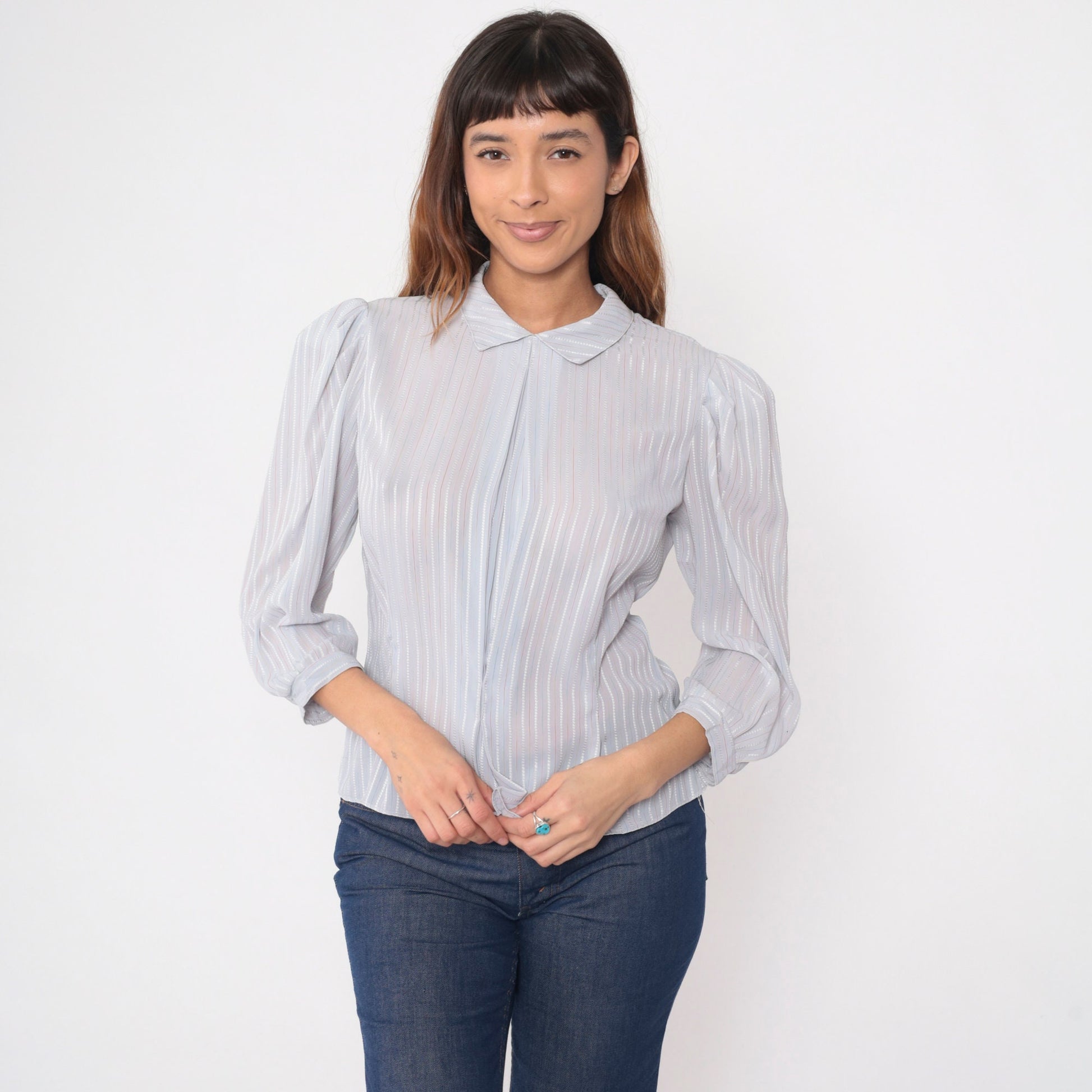80s Pure Class Grey Pinstriped Puff Sleeve Blouse Button Back Medium
