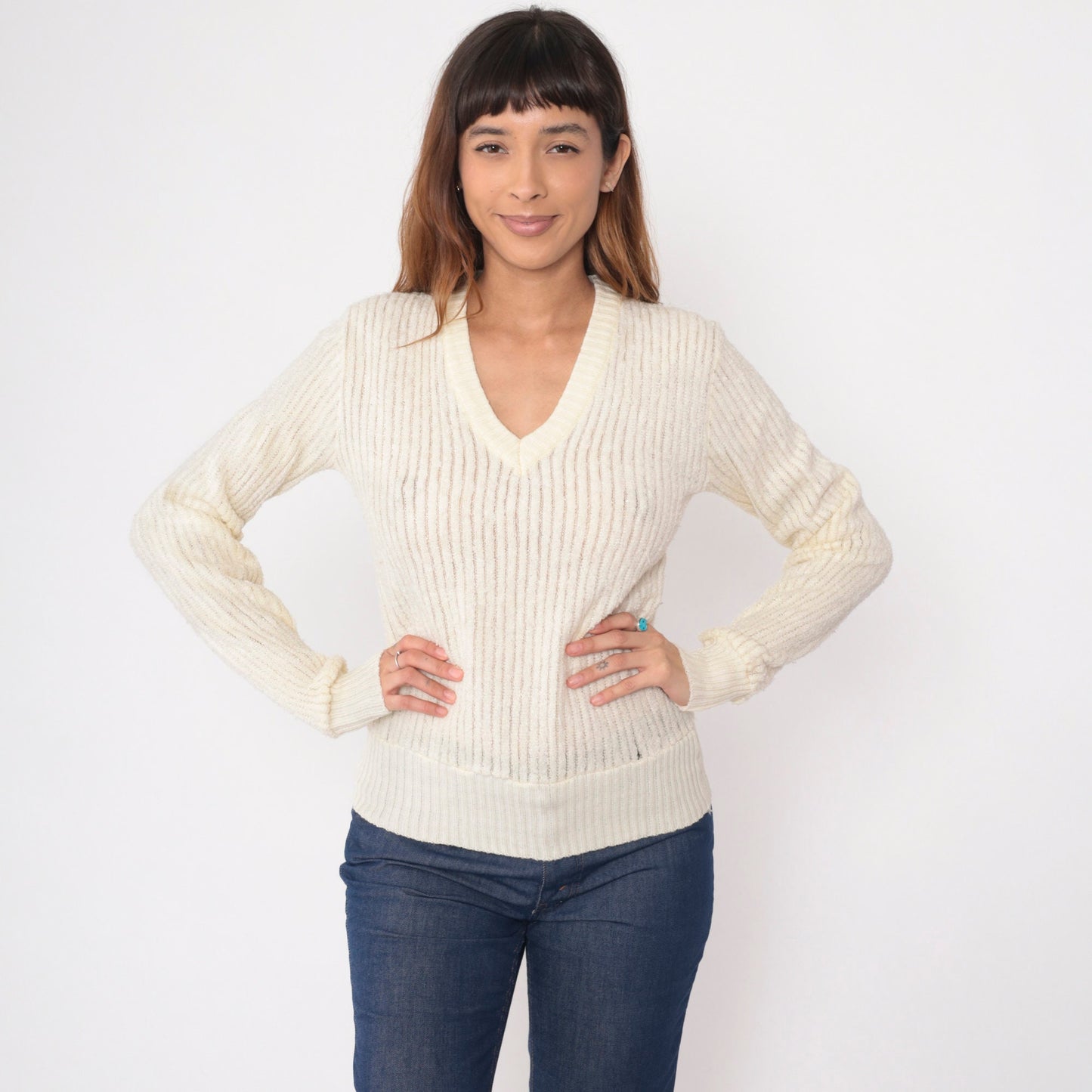 70s Terry Cloth V-Neck Sweatshirt Cream Ribbed Pullover XS