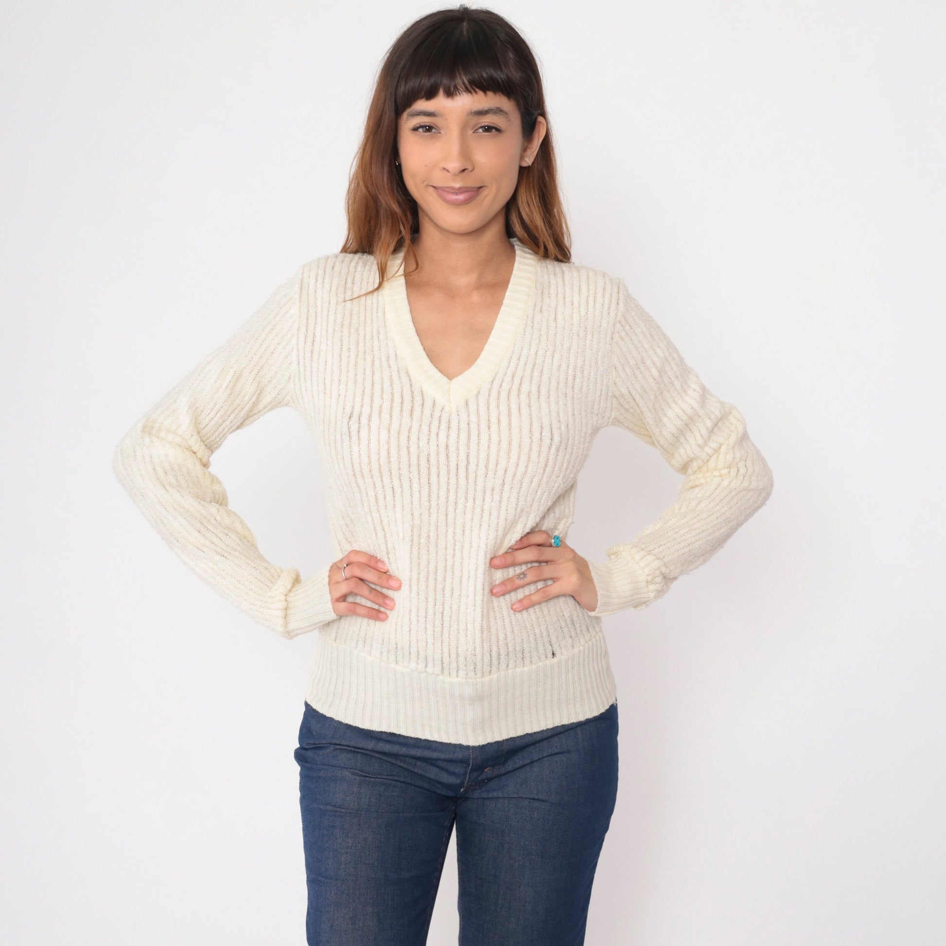 70s Terry Cloth V-Neck Sweatshirt Cream Ribbed Pullover XS