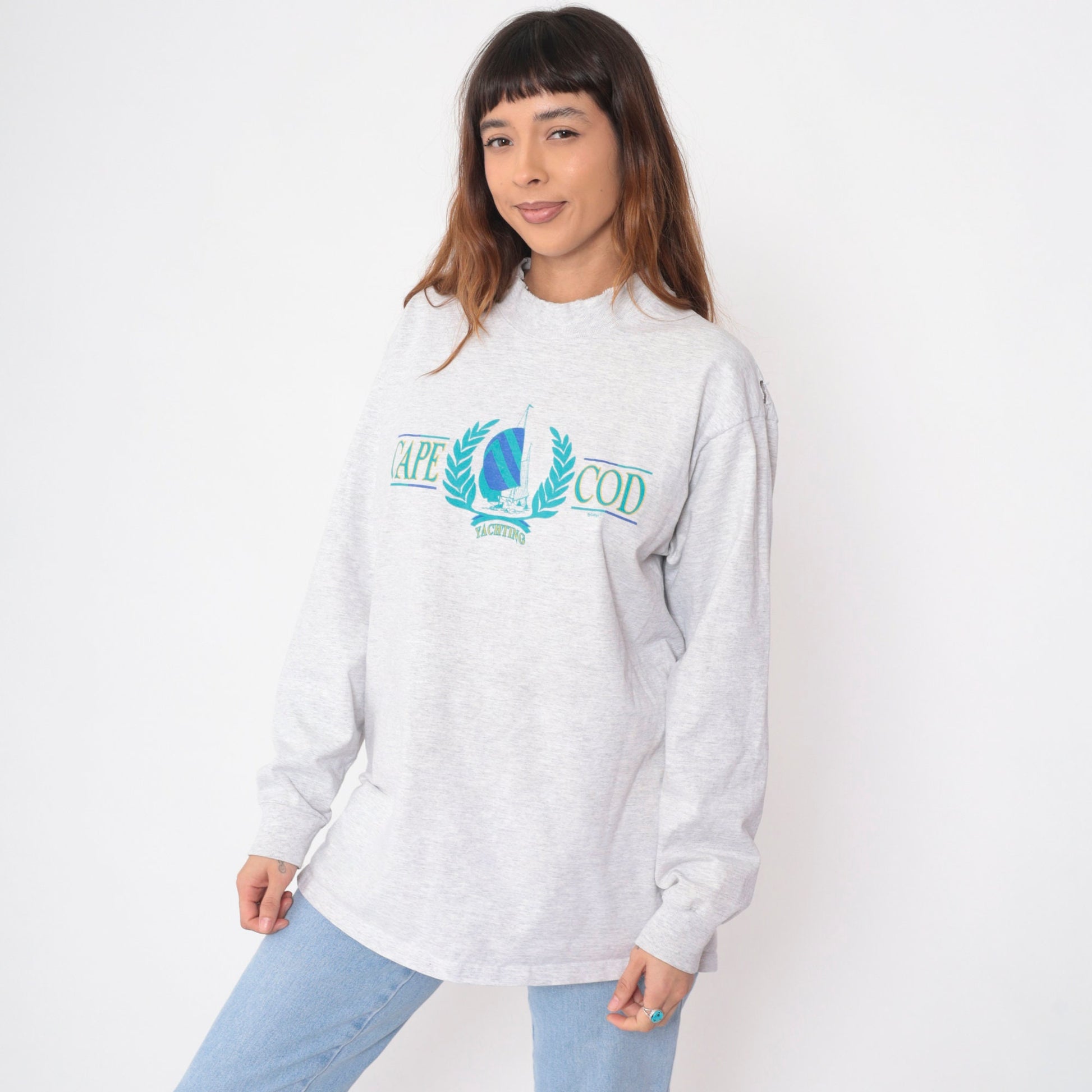 90s Cape Cod Yachting Graphic Long Sleeve Tee Heather Grey Cotton Extra Large
