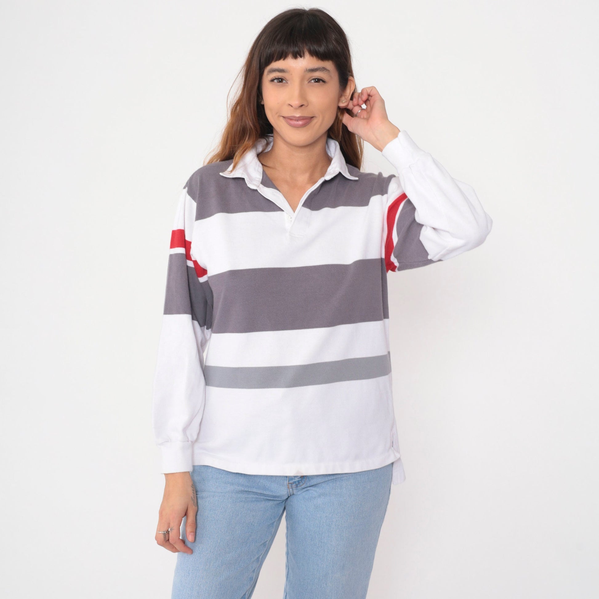 90s Shore Club Striped Rugby Shirt White Grey Red Long Sleeve Polo Medium