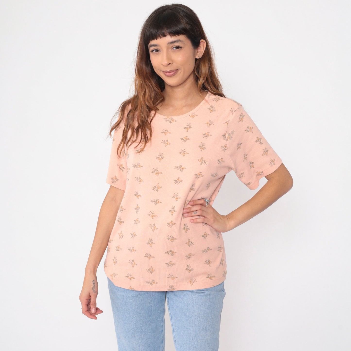 90s White Stag Peach Floral Graphic T-Shirt All Over Print Medium Large