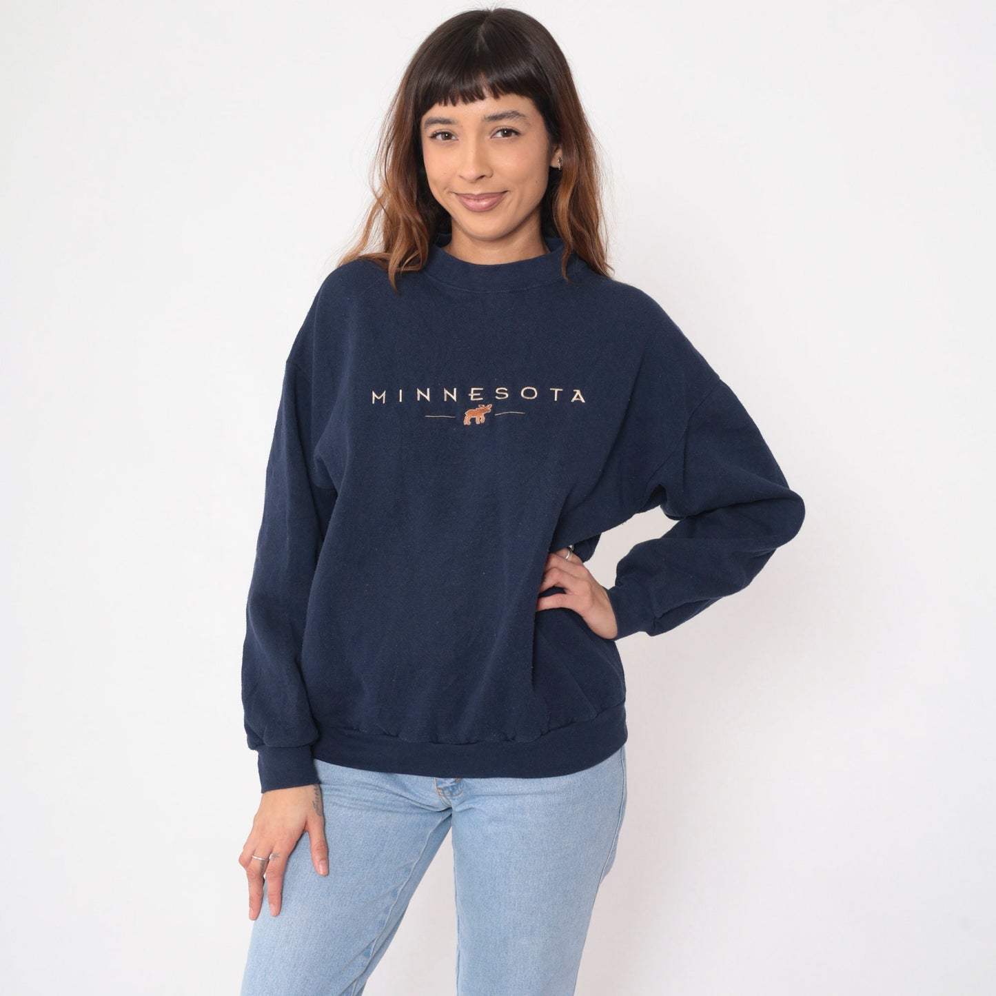 90s Minnesota Moose Embroidered Navy Sweatshirt Crewneck Pullover Large L
