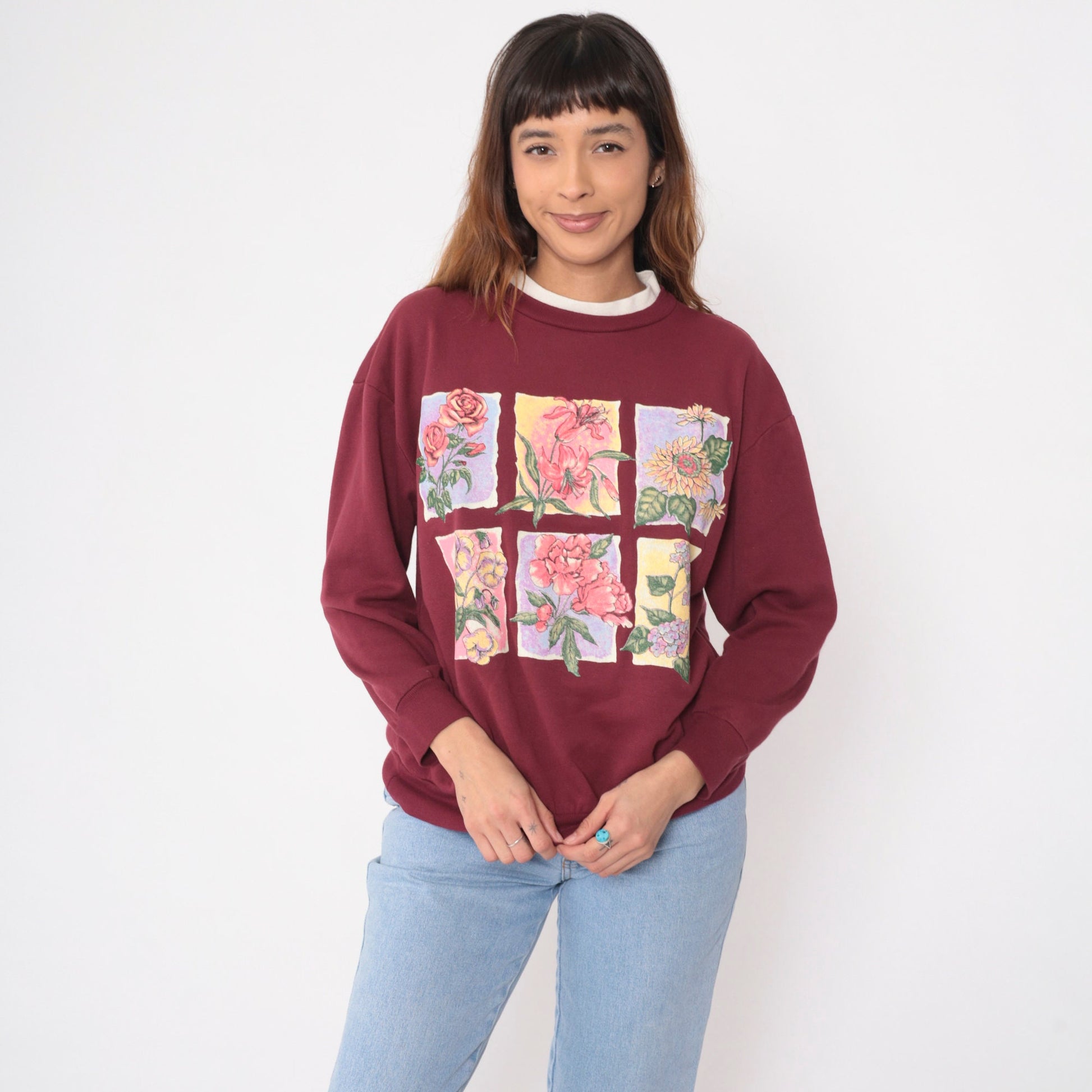 90s Burgundy Floral Sweatshirt Double Collar Crewneck Pullover Large L