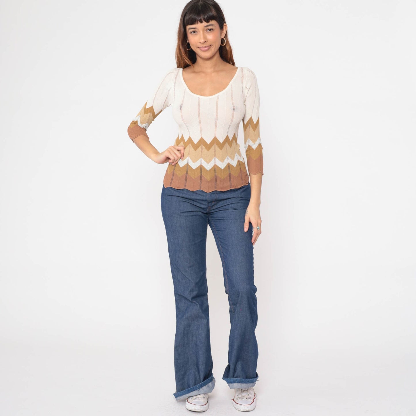 90s Zig Zag Knit Top Striped Scalloped Pointelle Sweater White Brown Small