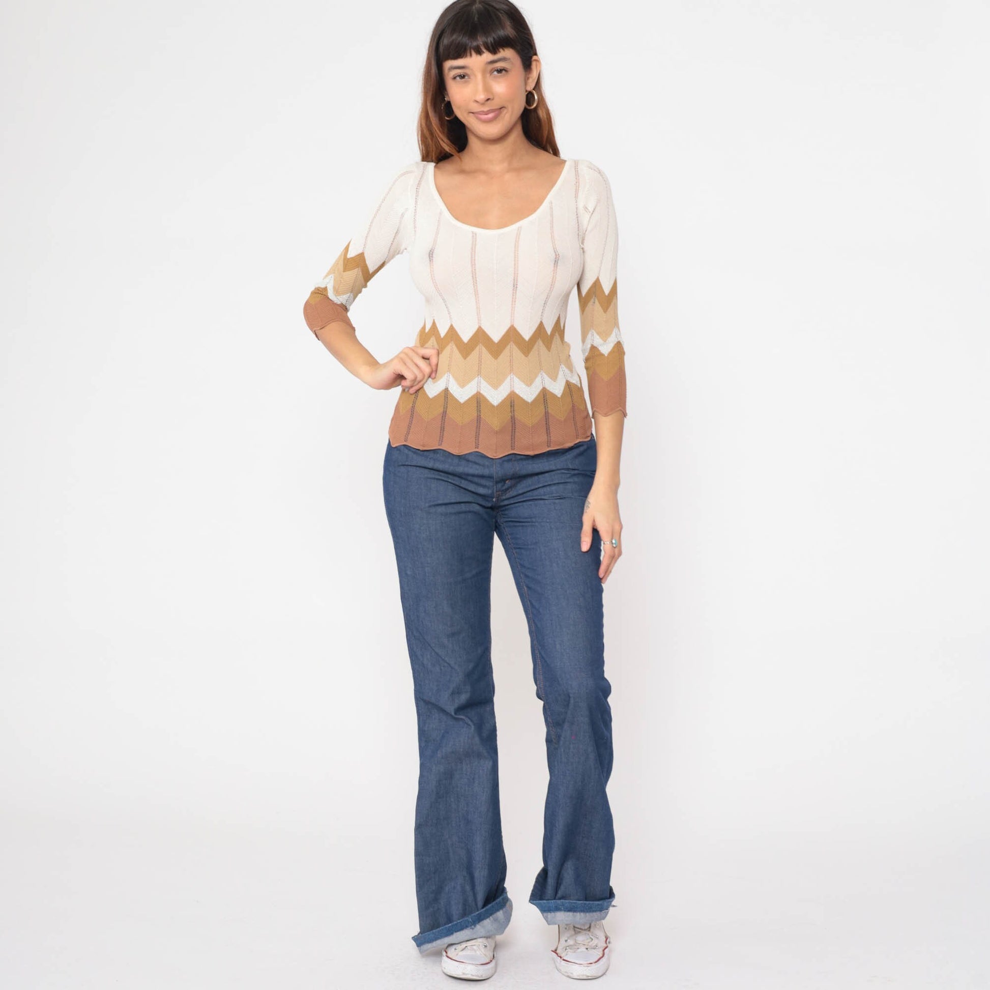90s Zig Zag Knit Top Striped Scalloped Pointelle Sweater White Brown Small