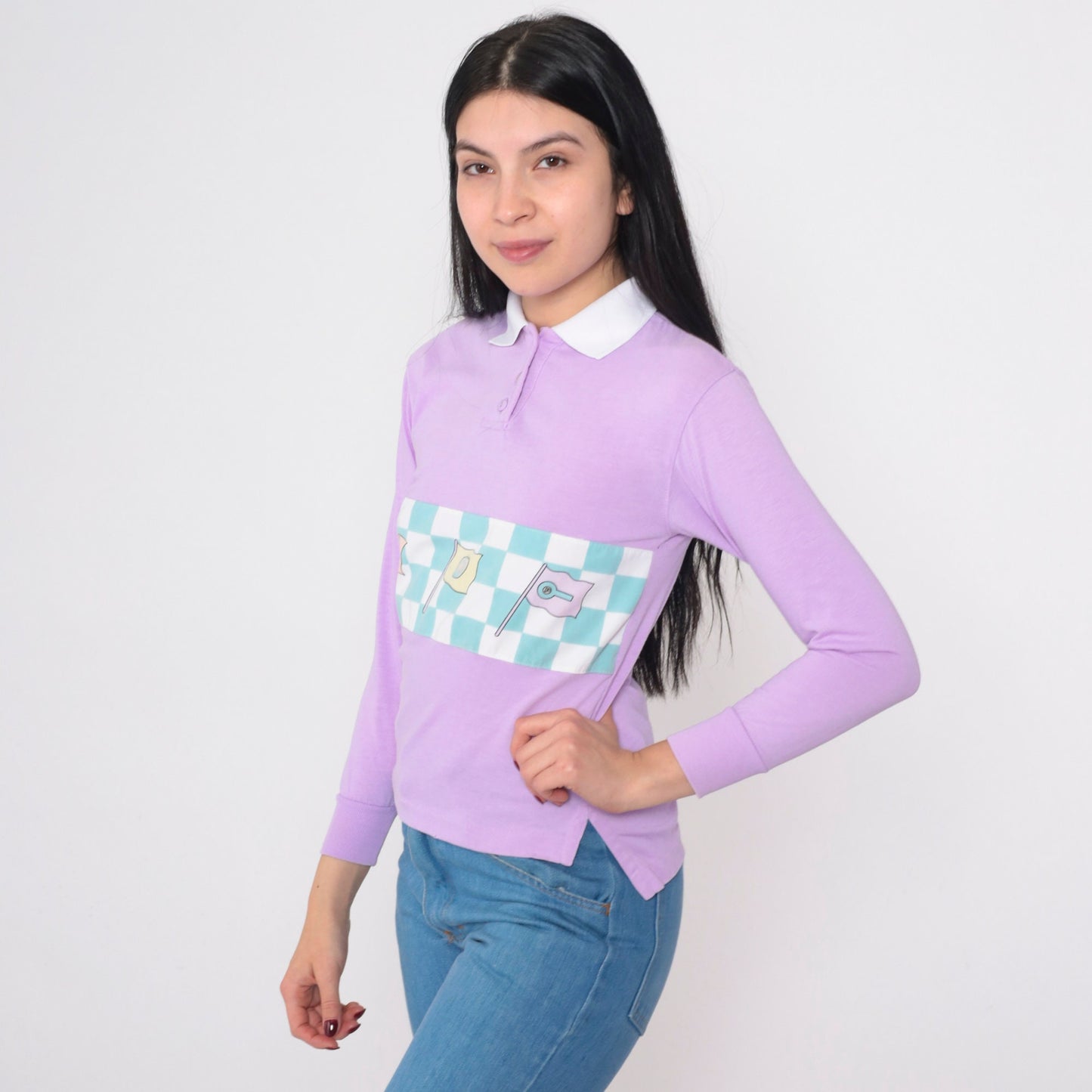 80s Purple Checkered Flag Graphic Polo Shirt Long Sleeve XXS