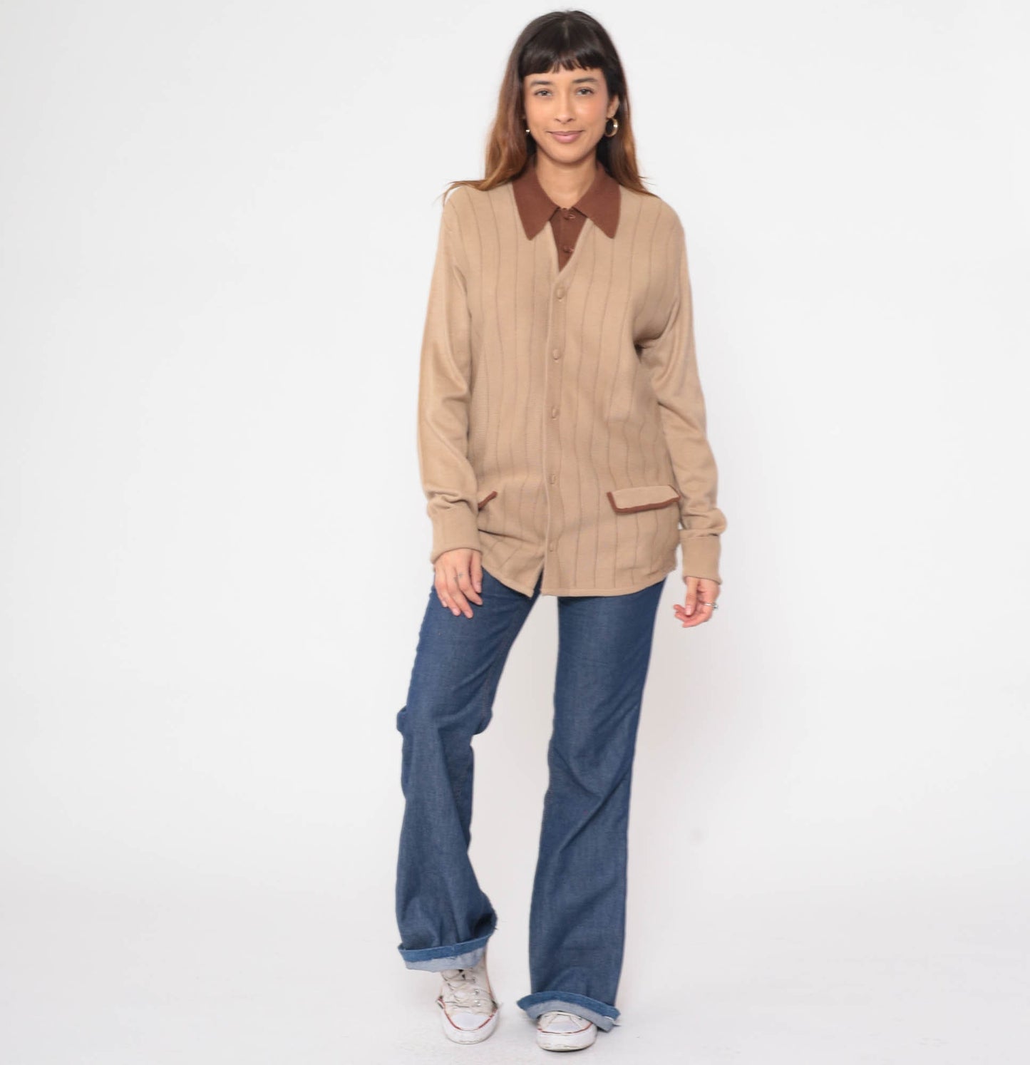 70s Berchielli Striped Cardigan Tan Brown Collared Button-Up Knit Medium