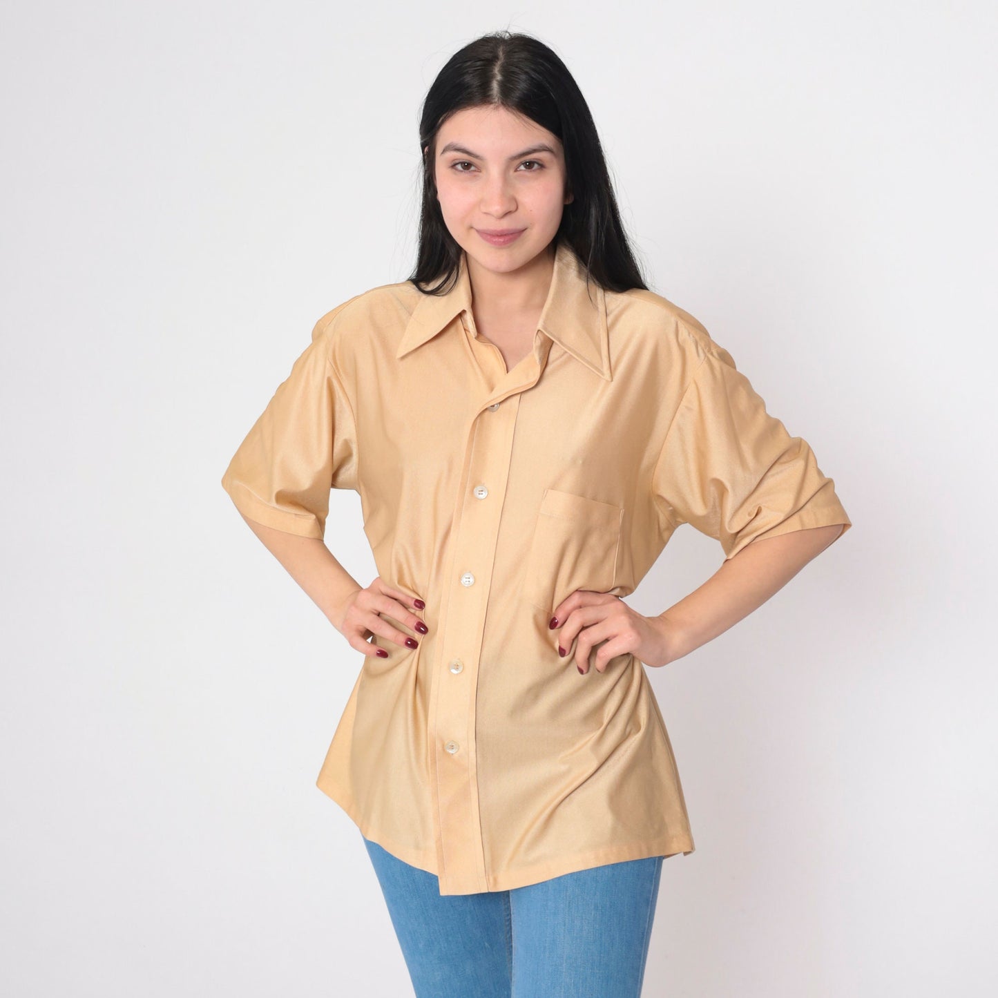 70s Ohrbach's Tan Nylon Button-Up Shirt Pointed Collar Short Sleeve Large