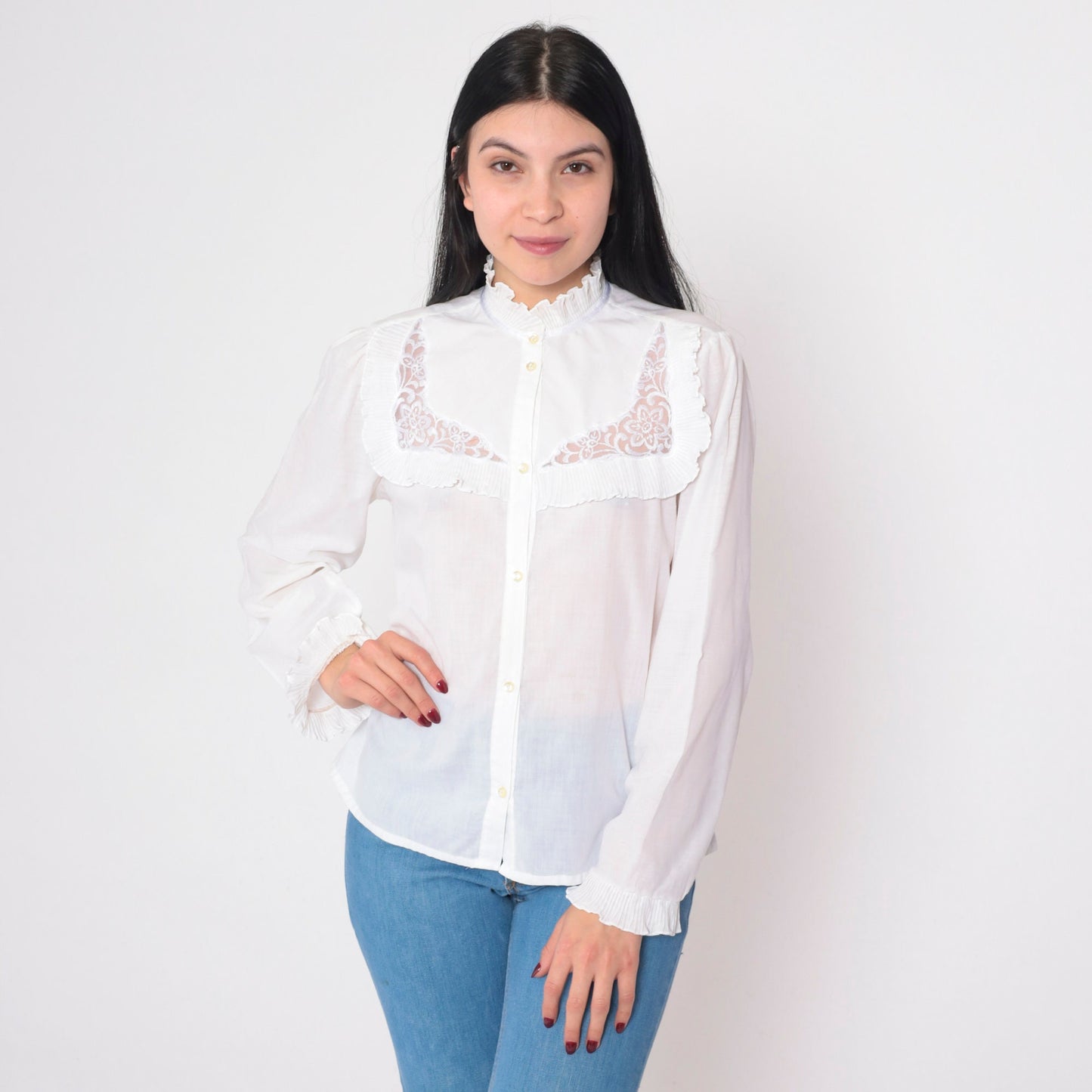 80s White Victorian Blouse Puff Sleeve High Neck Floral Embroidered Small