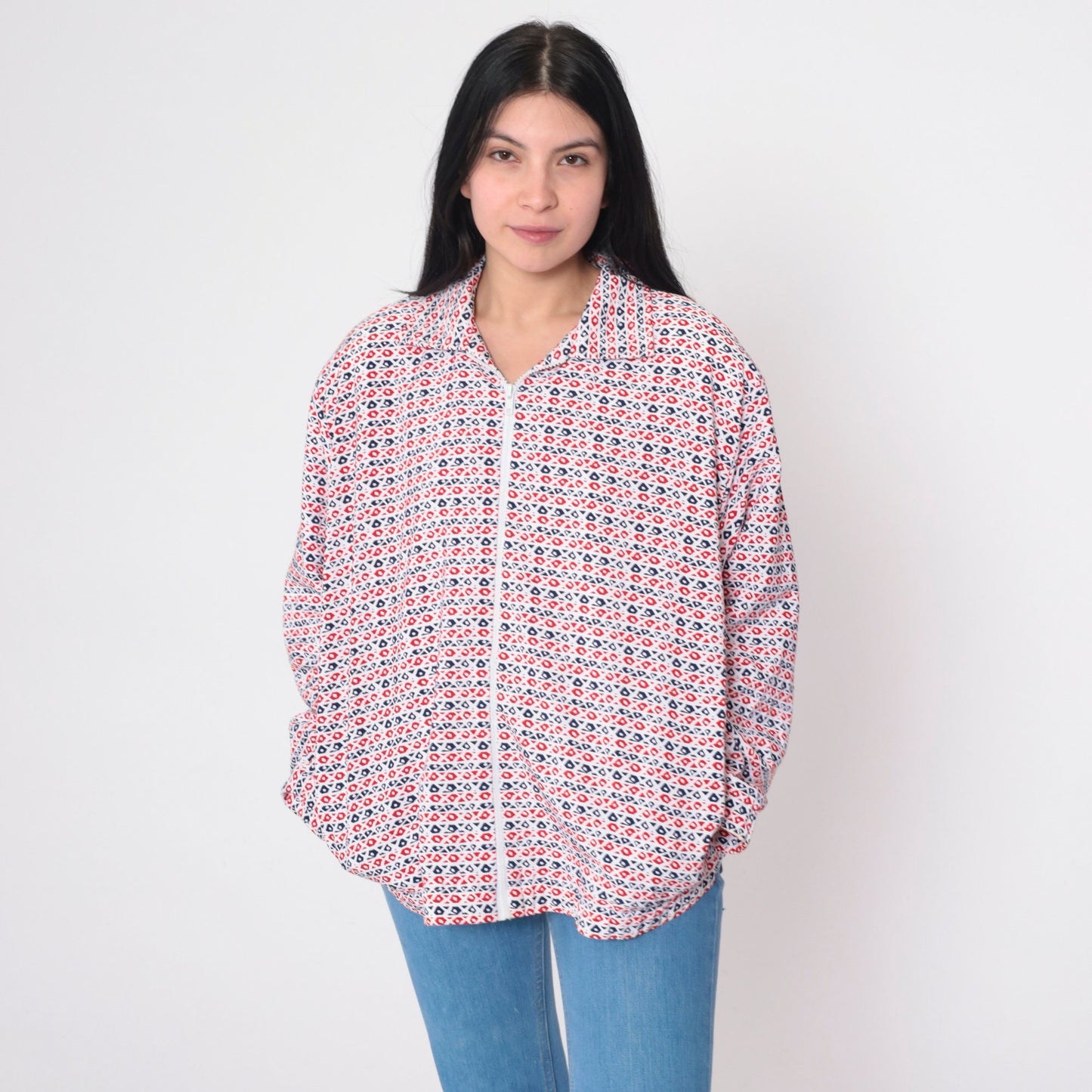 90s Bomber Jacket Red White Blue Abstract Print Zip Up Windbreaker Large L