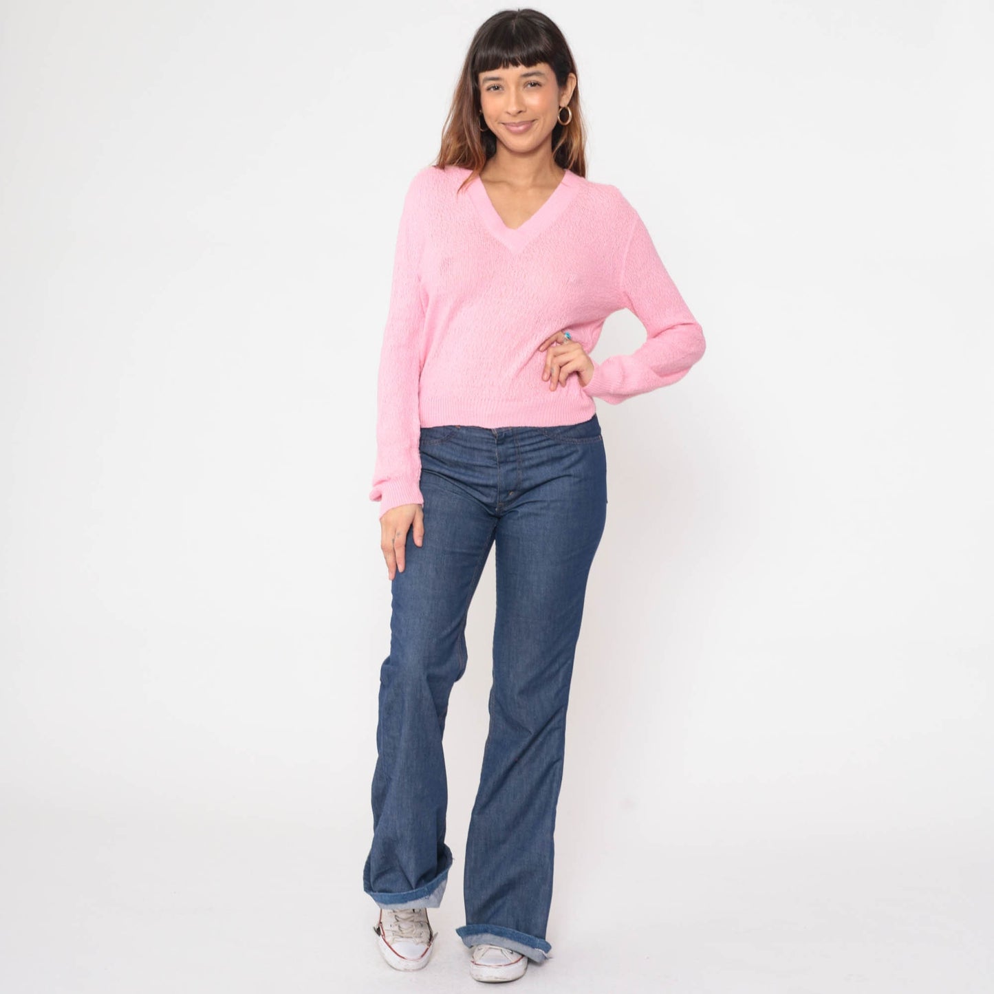 80s Bel Ami Pink V-Neck Knit Sweater Semi-Sheer Pullover Small
