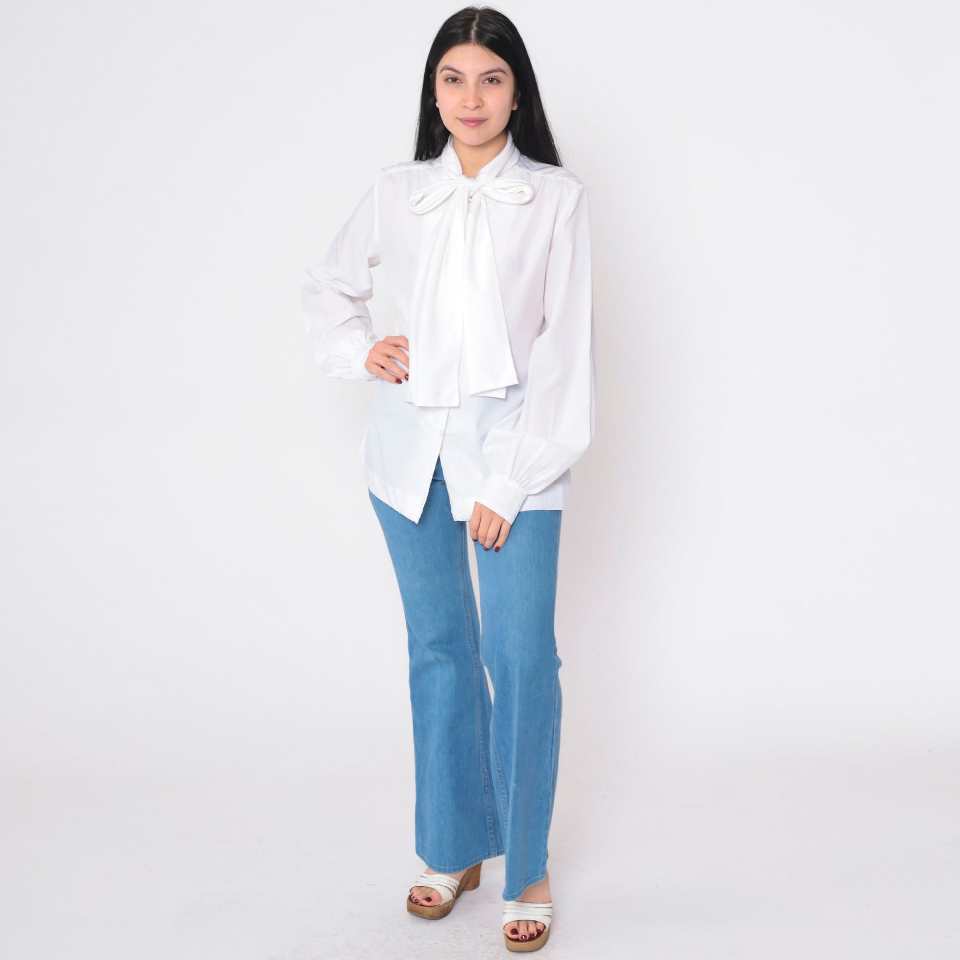 80s Evan Picone White Button-Up Blouse Attached Necktie Long Sleeve Large