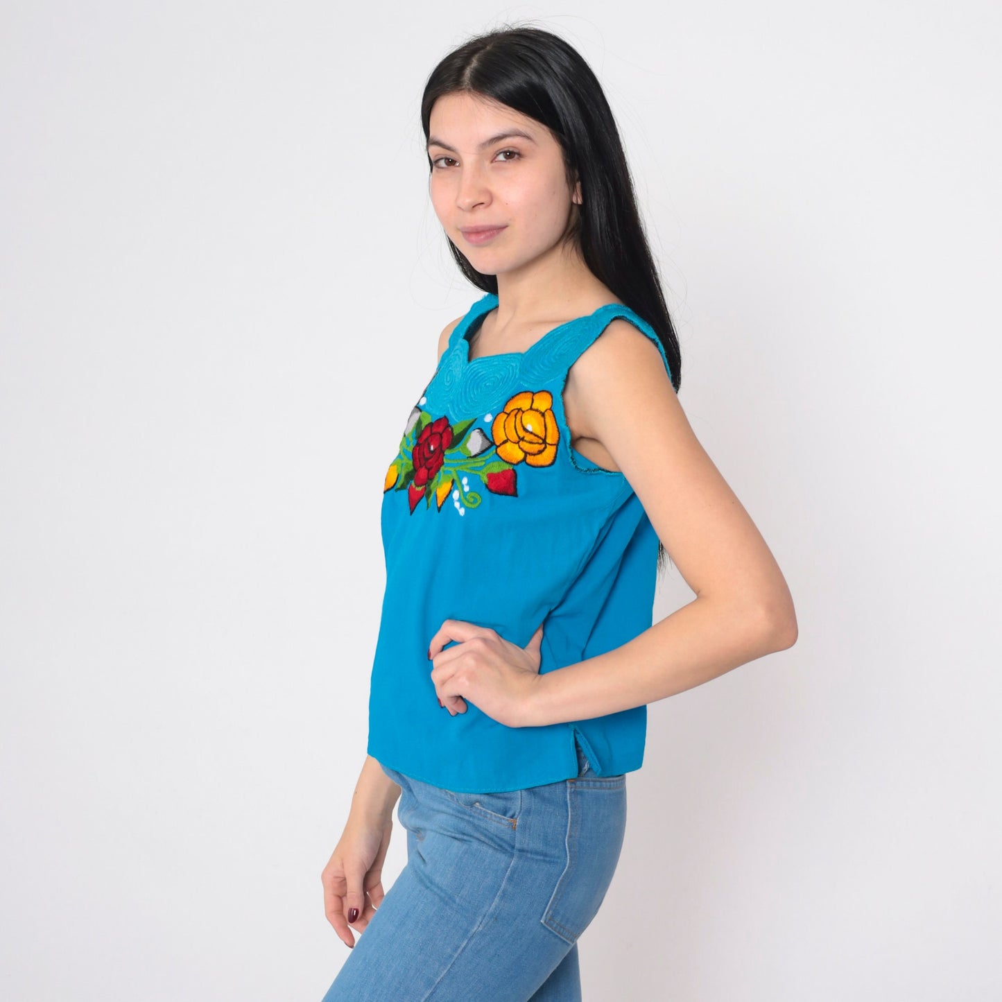 90s Mexican Embroidered Floral Tank Top Blue Scalloped Neckline Small