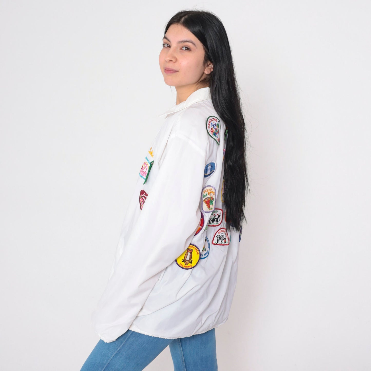 90s Girl Scout Leader White Snap Jacket Debbie Patch Nylon Large L