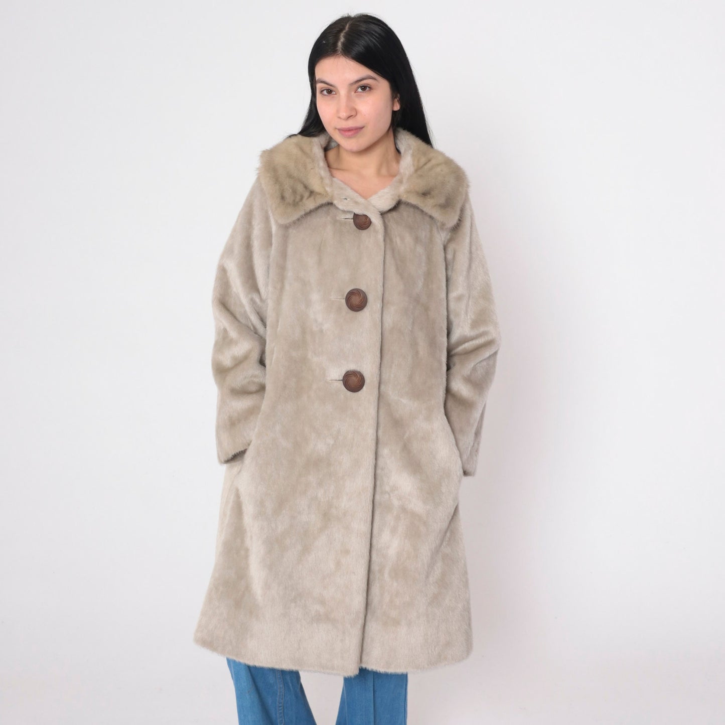 60s Tan Faux Fur Coat Real Fur Collar Button Front Medium