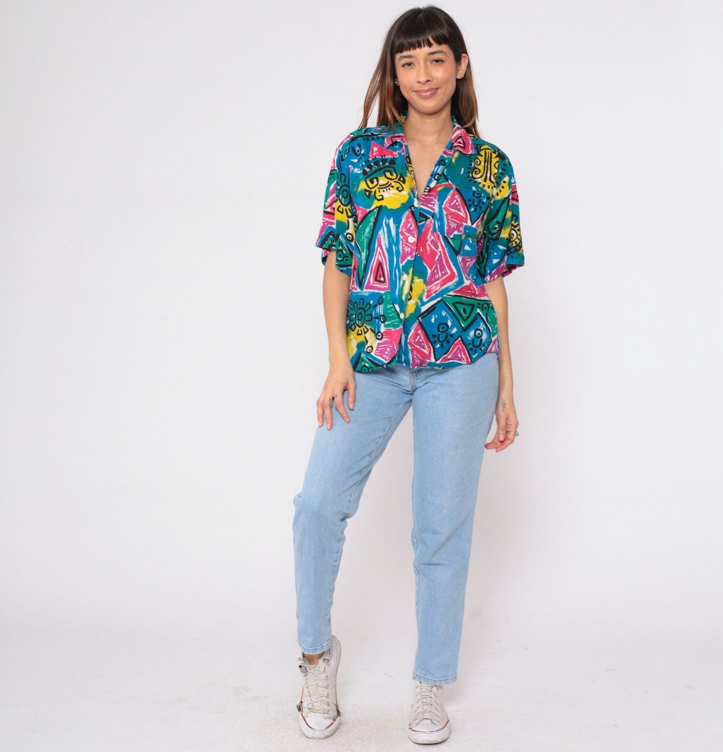 90s Blue Rose Geometric Celestial Print Button Up Shirt Large