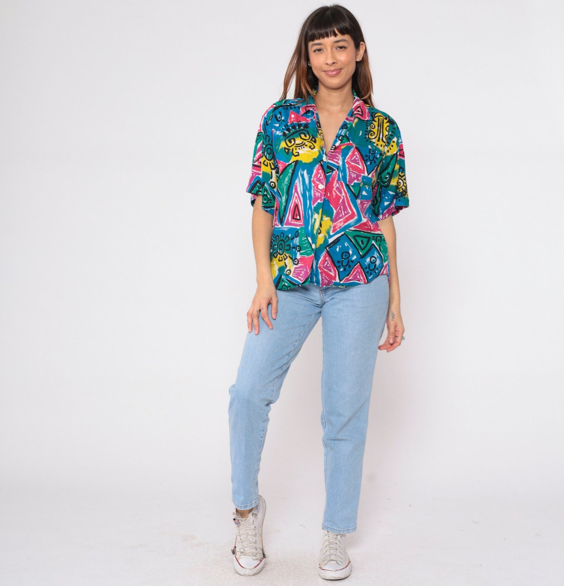90s Blue Rose Geometric Celestial Print Button Up Shirt Large