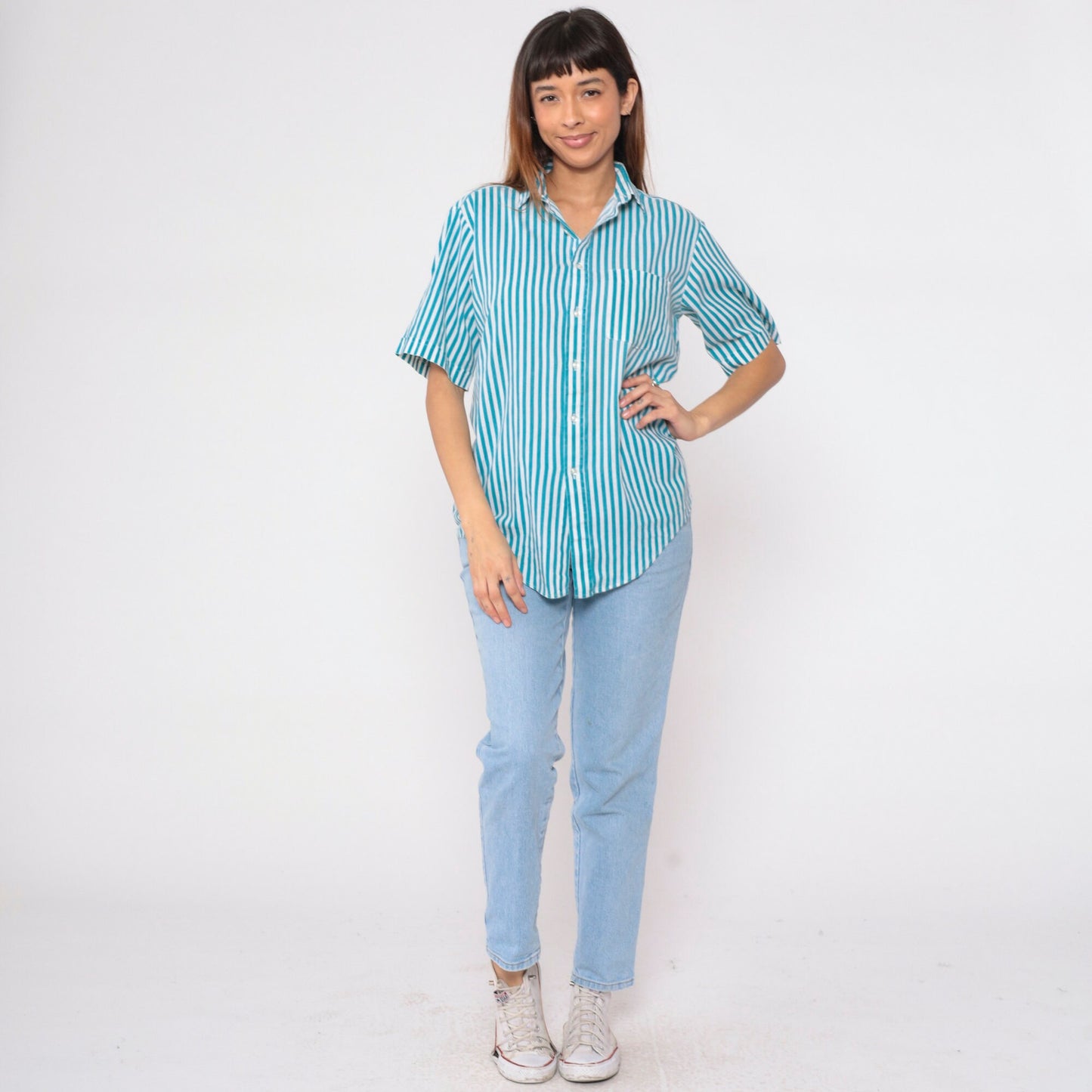 90s Blue White Striped Oxford Button-Up Shirt Short Sleeve Men's Medium