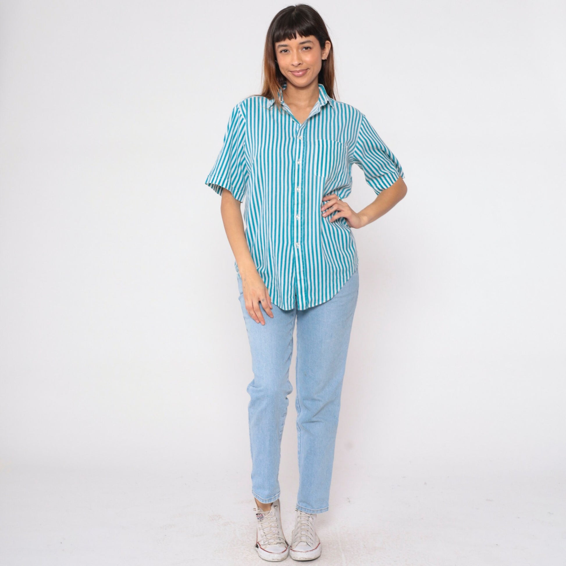 90s Blue White Striped Oxford Button-Up Shirt Short Sleeve Men's Medium