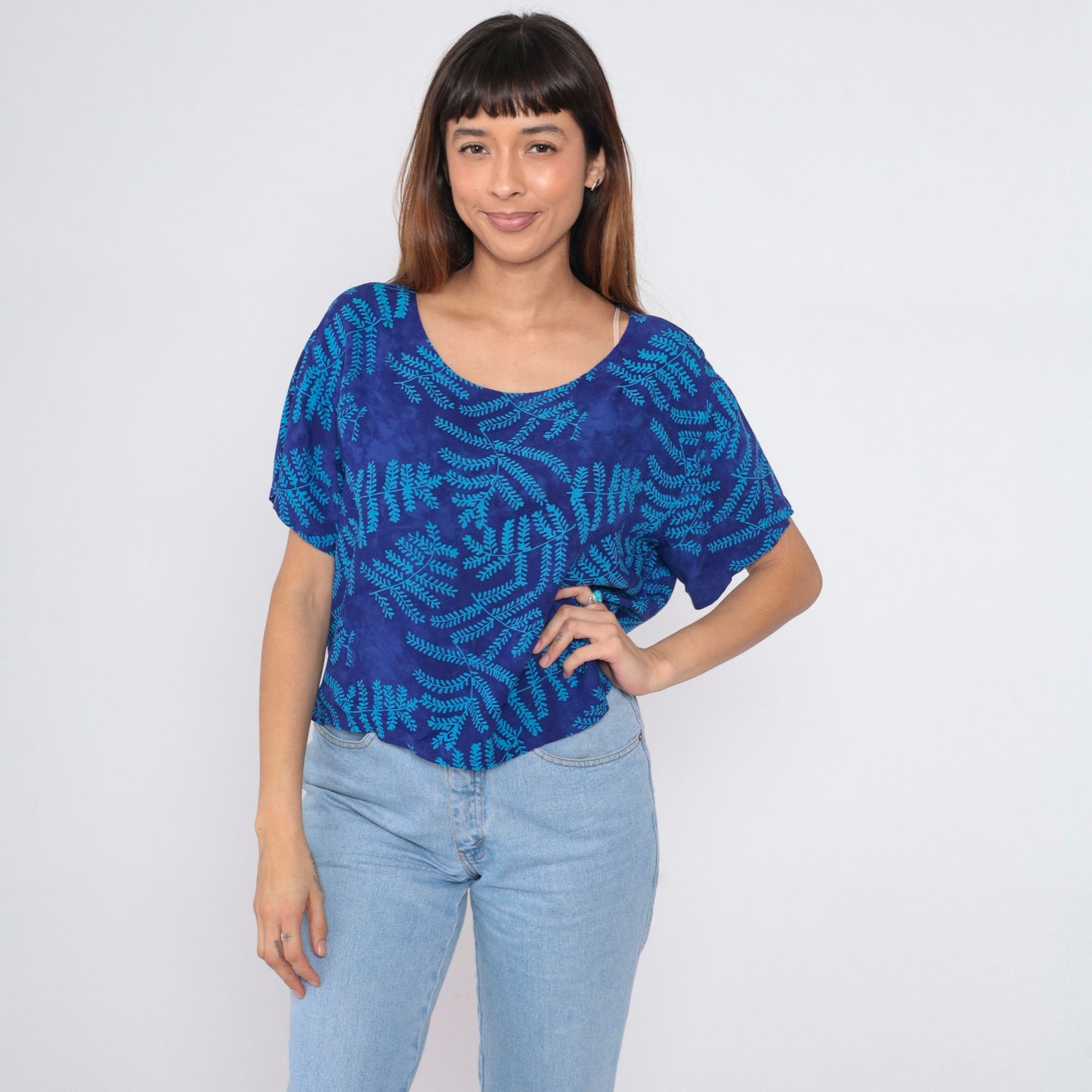 90s Global Village Tropical Leaf Scoop Neck Blouse Blue Short Sleeve Small