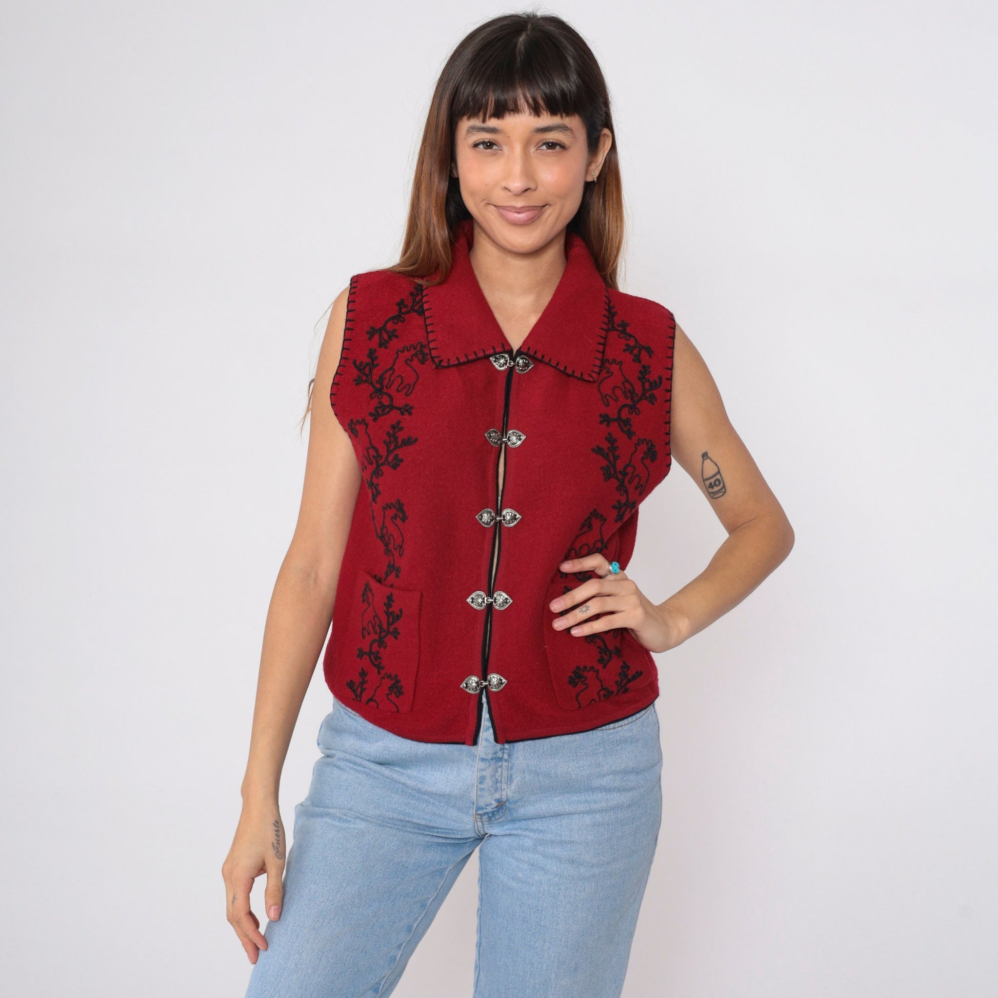 90s Woolrich Moose Wool Vest Red Black Soutache Silver Clasp Medium M