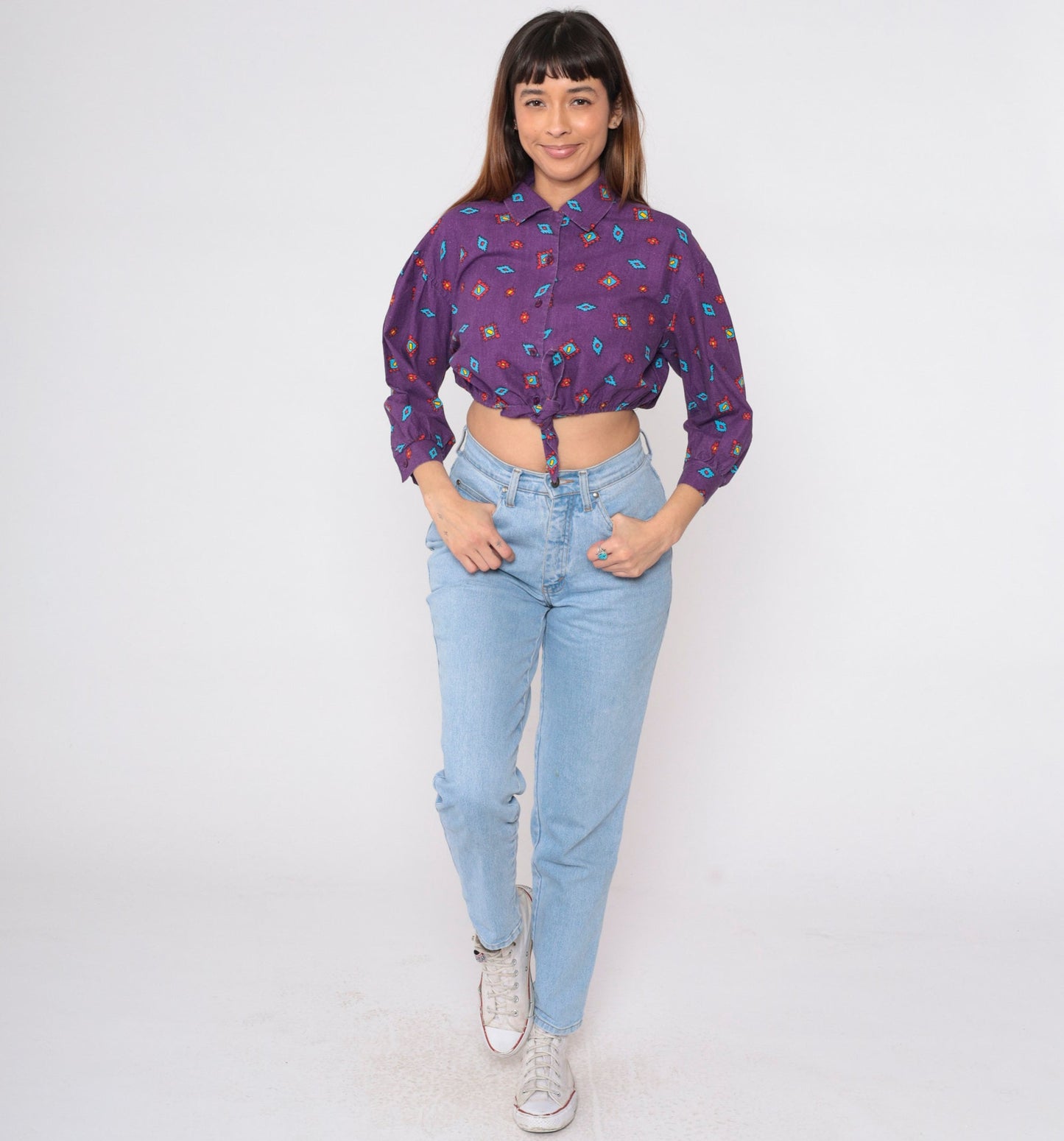 90s Arizona Jean Company Southwestern Crop Top Purple Button-Up Medium