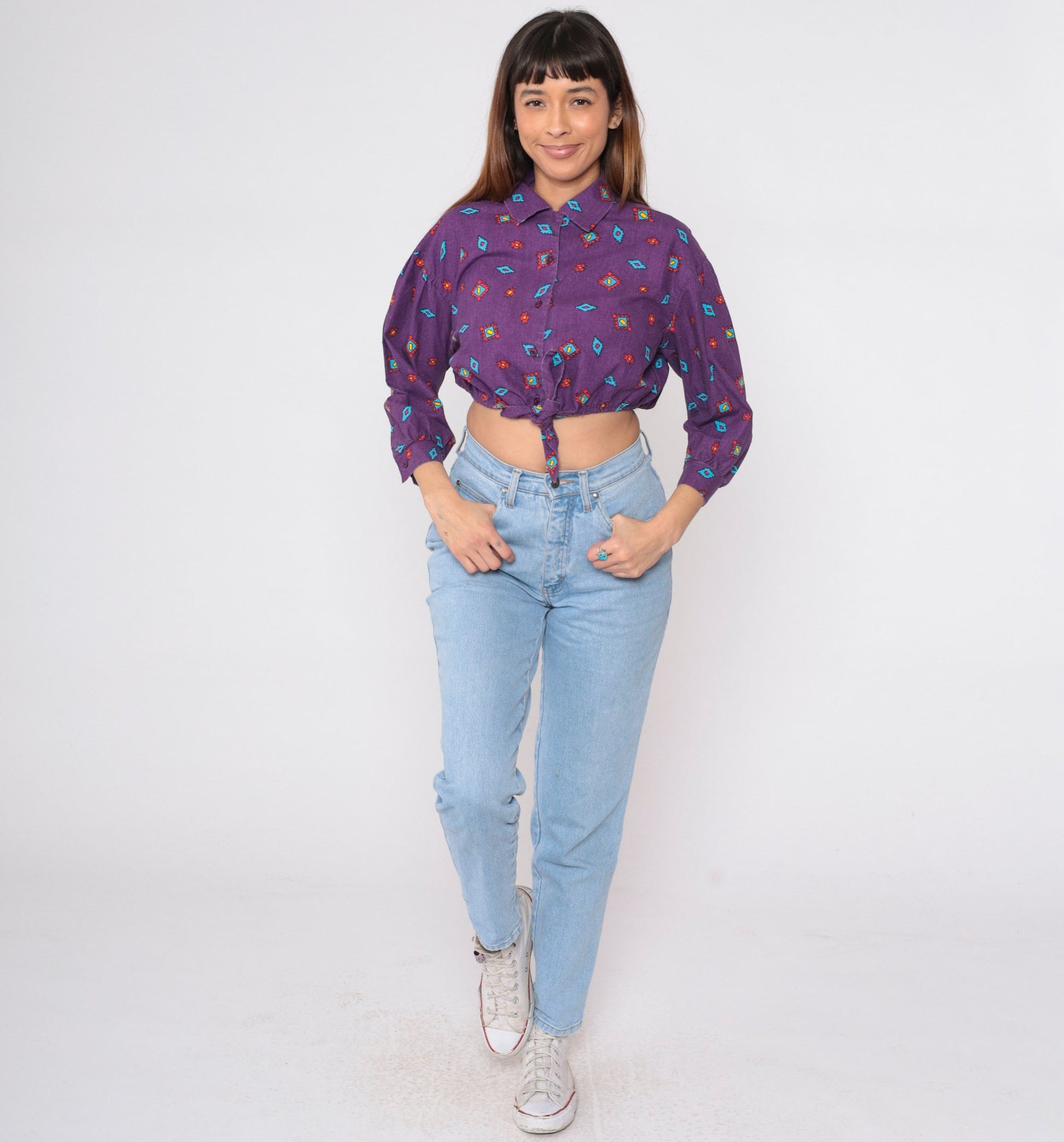 90s Arizona Jean Company Southwestern Crop Top Purple Button-Up Medium