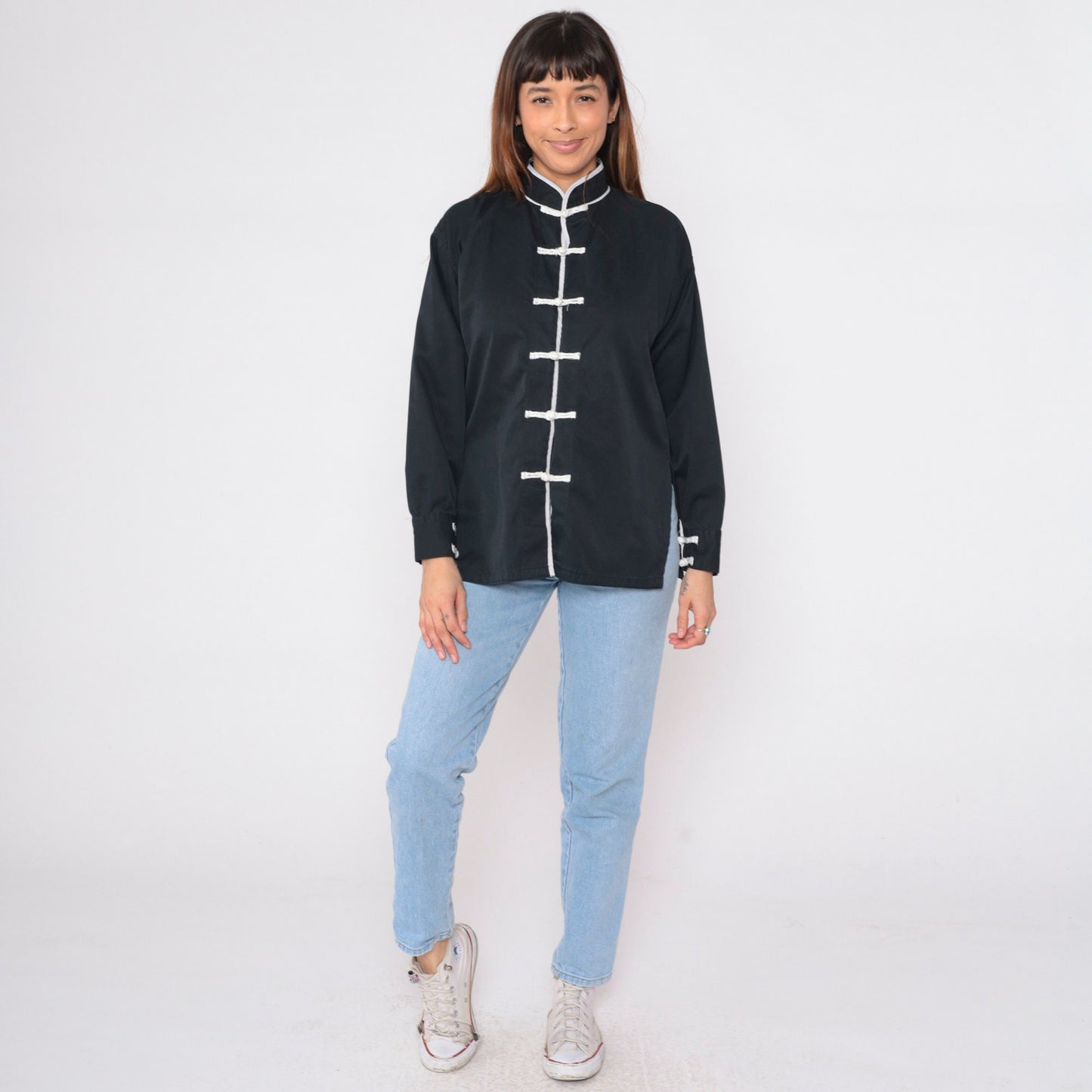 90s Black Button-Up Blouse with White Trim and Frog Knot Closure Small S