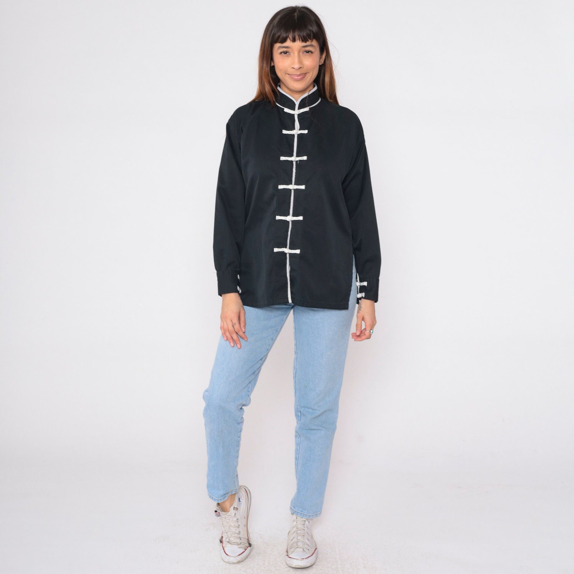 90s Black Button-Up Blouse with White Trim and Frog Knot Closure Small S