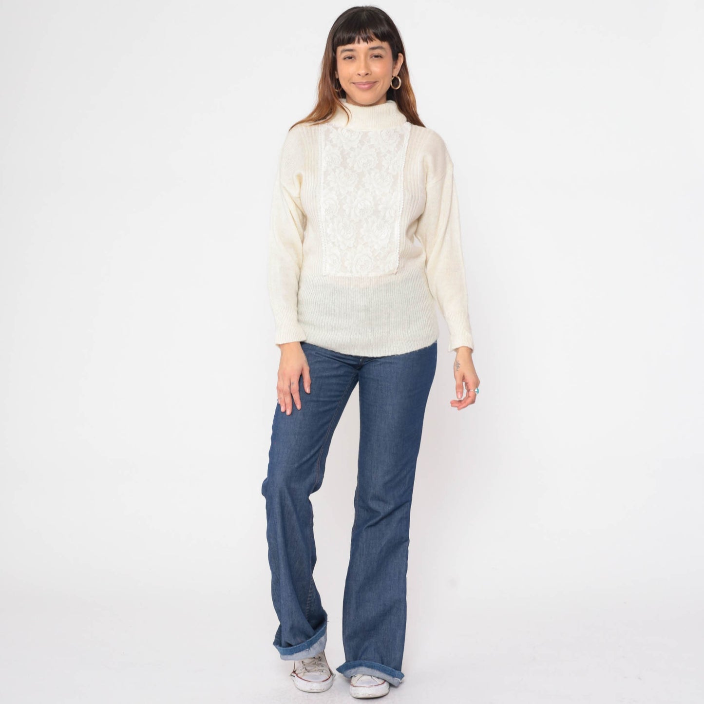 70s Jack Winter Cream Lace Mock Neck Sweater Knit Pullover Extra Small