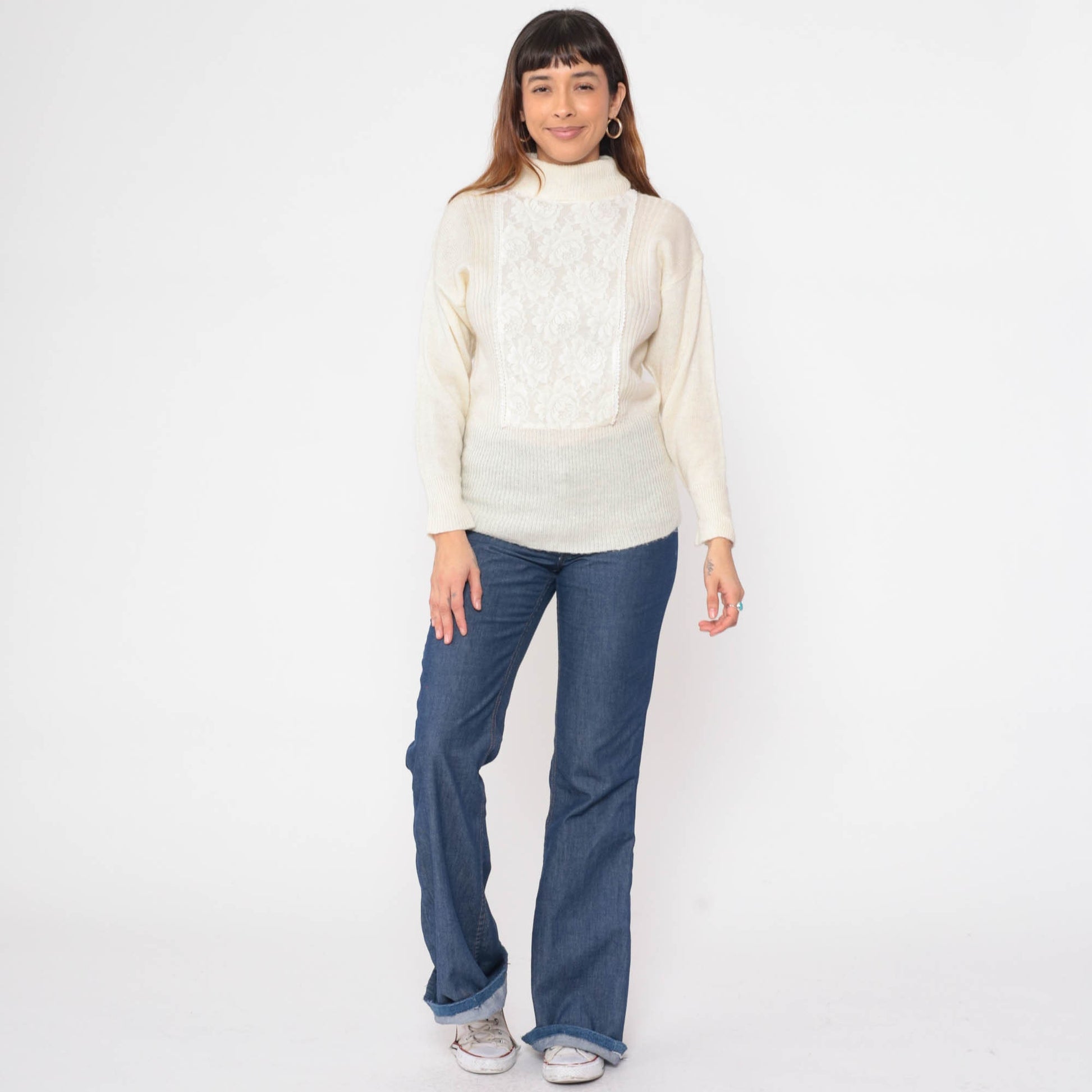 70s Jack Winter Cream Lace Mock Neck Sweater Knit Pullover Extra Small
